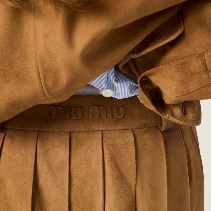 Pleated waxed suede mini-skirt