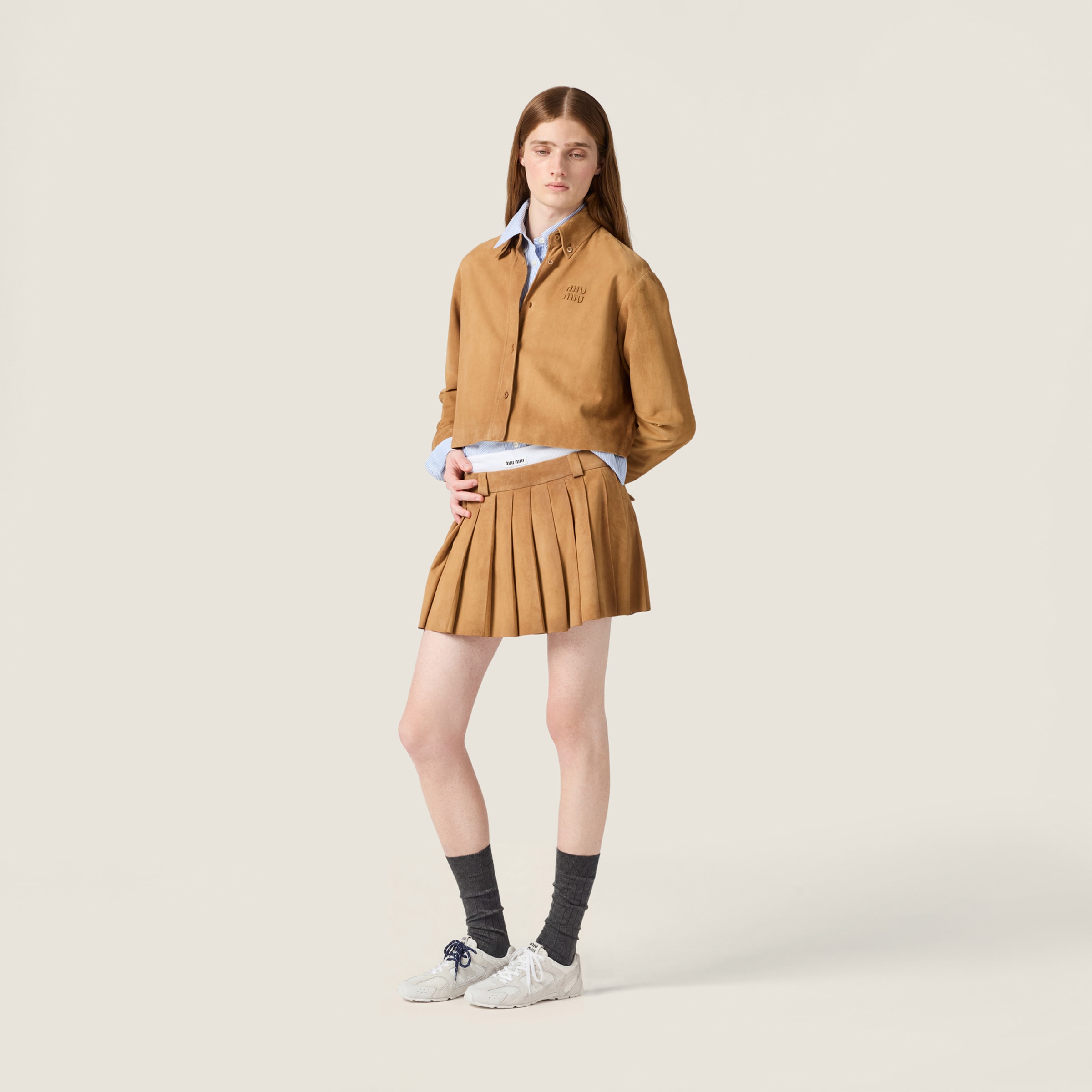 Pleated waxed suede mini-skirt - thumbnail 2