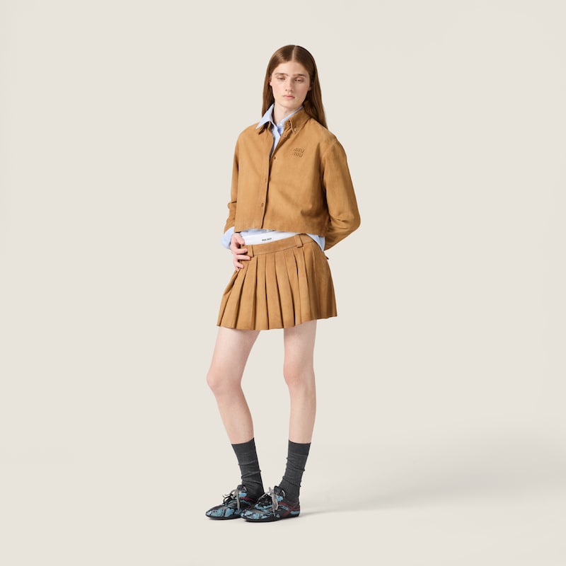 Pleated waxed suede mini-skirt