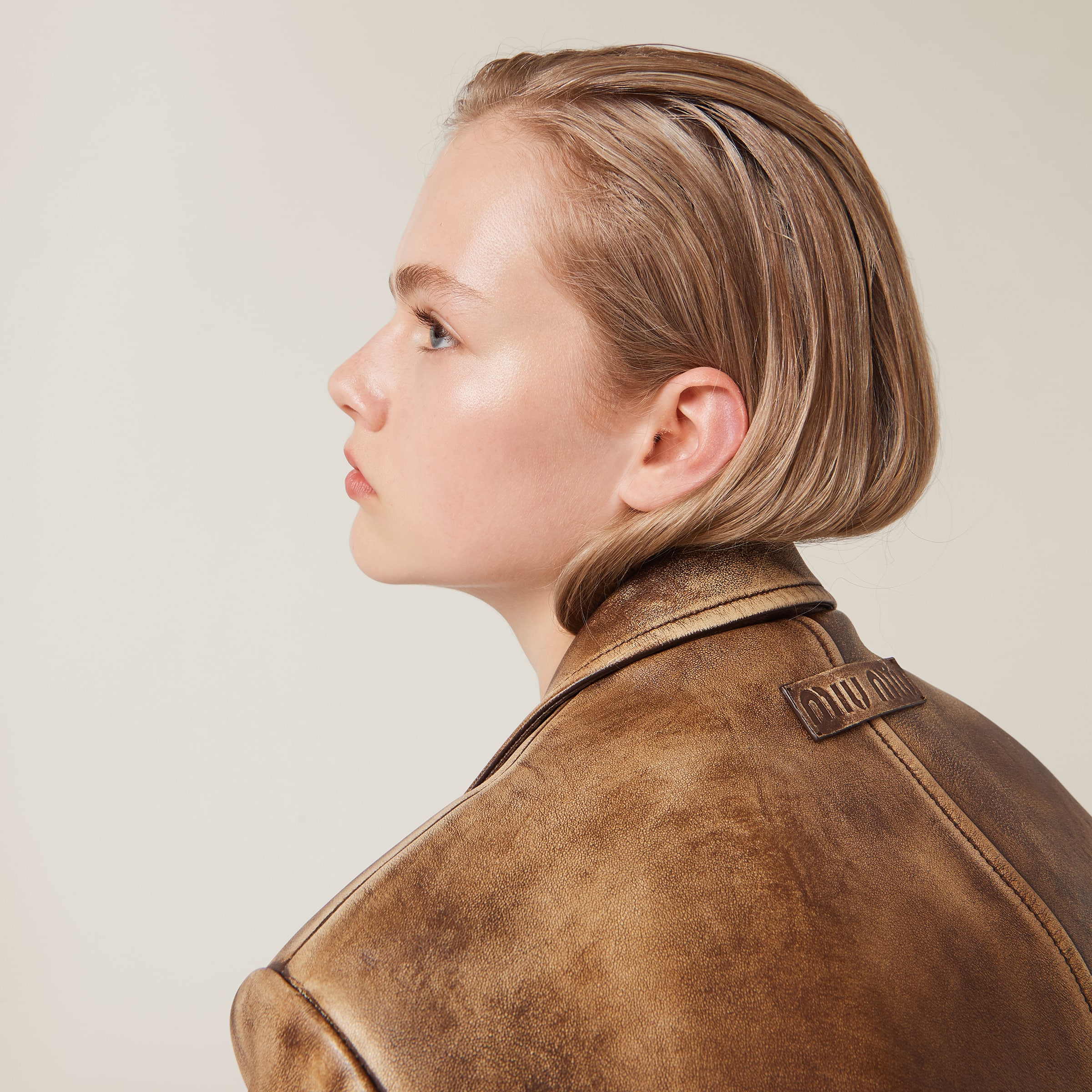 Ivory cocoa Brown Nappa Leather Jacket Miu Miu