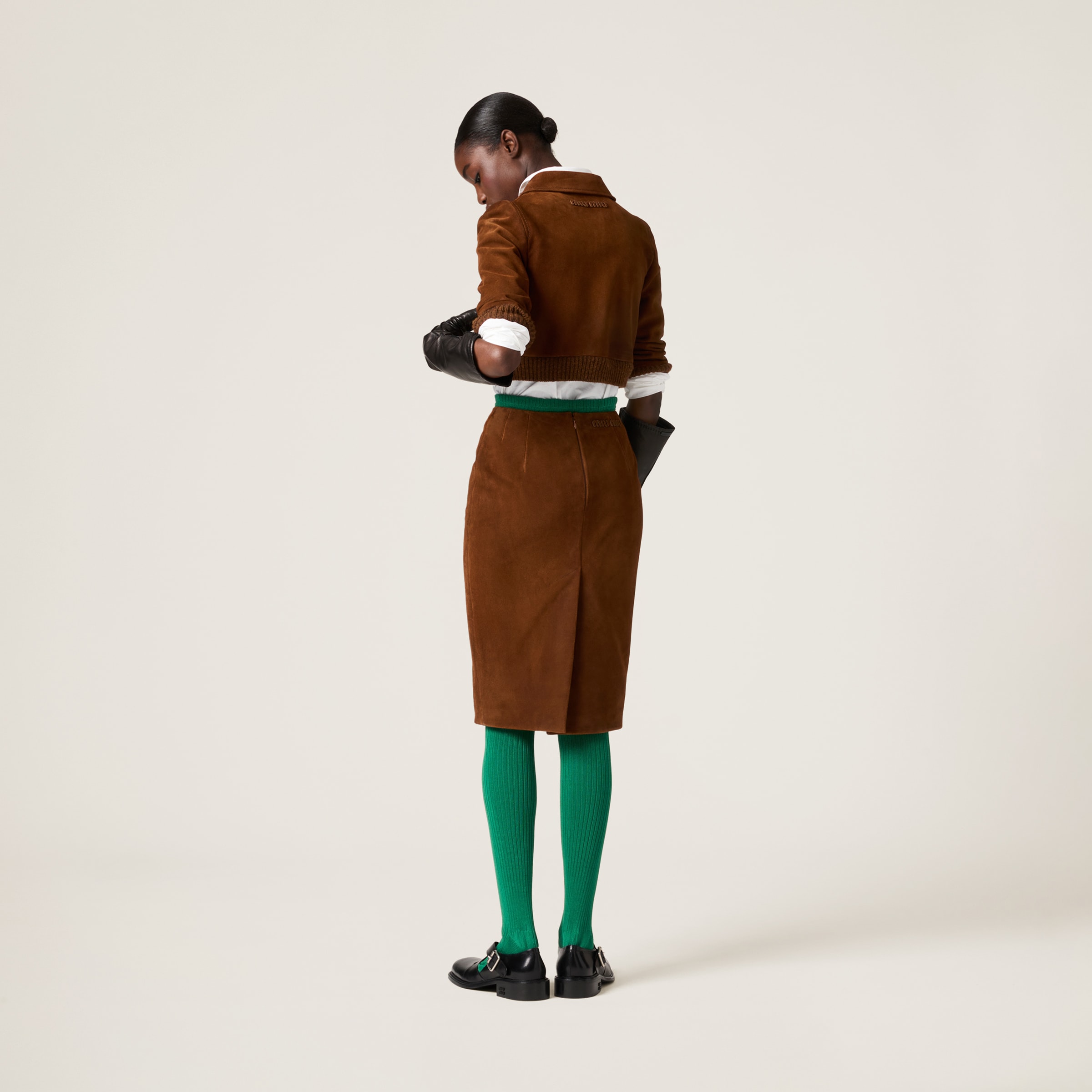 Miu Miu Cropped Suede Jacket In Hazelnut
