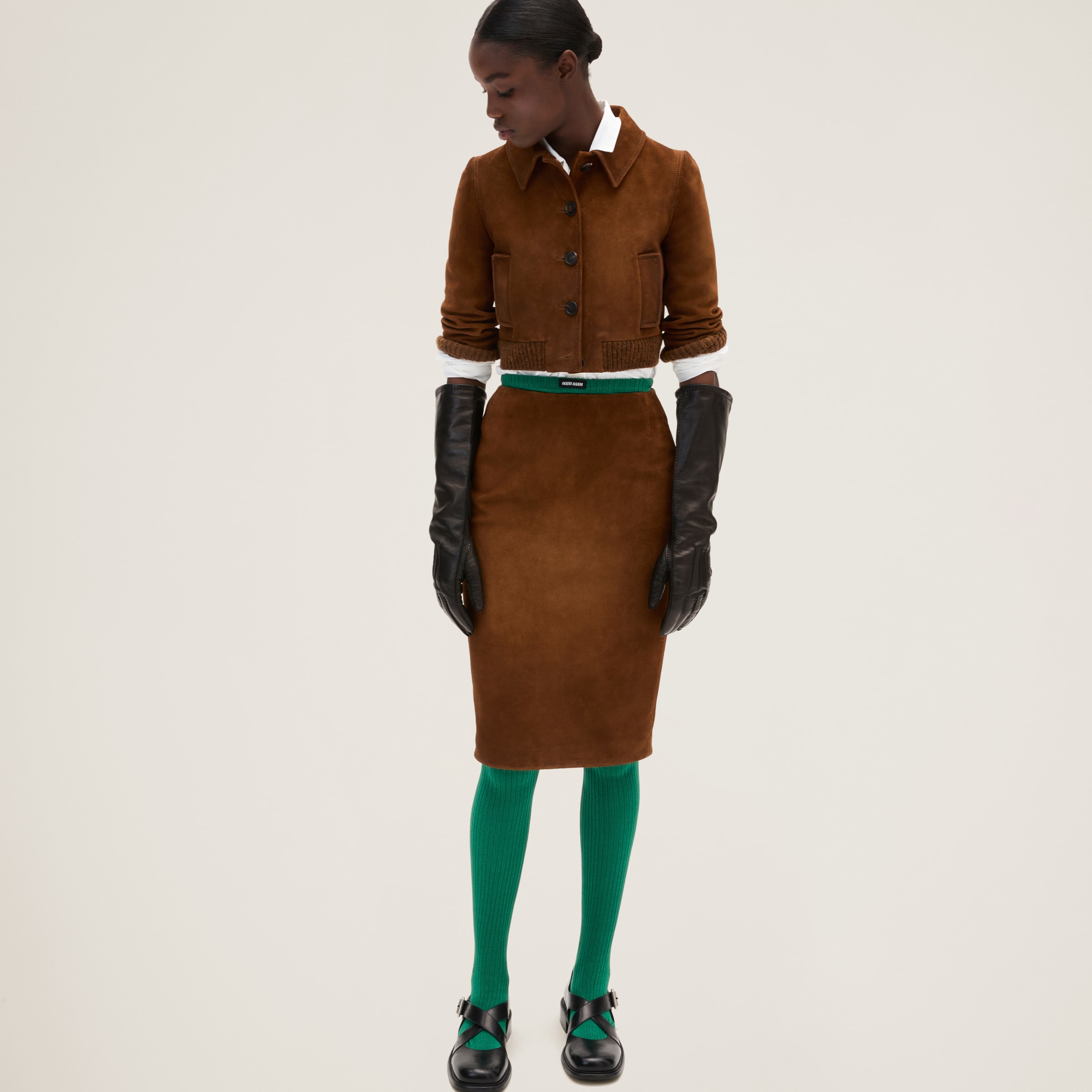 Hazelnut Cropped Suede Jacket | Miu Miu