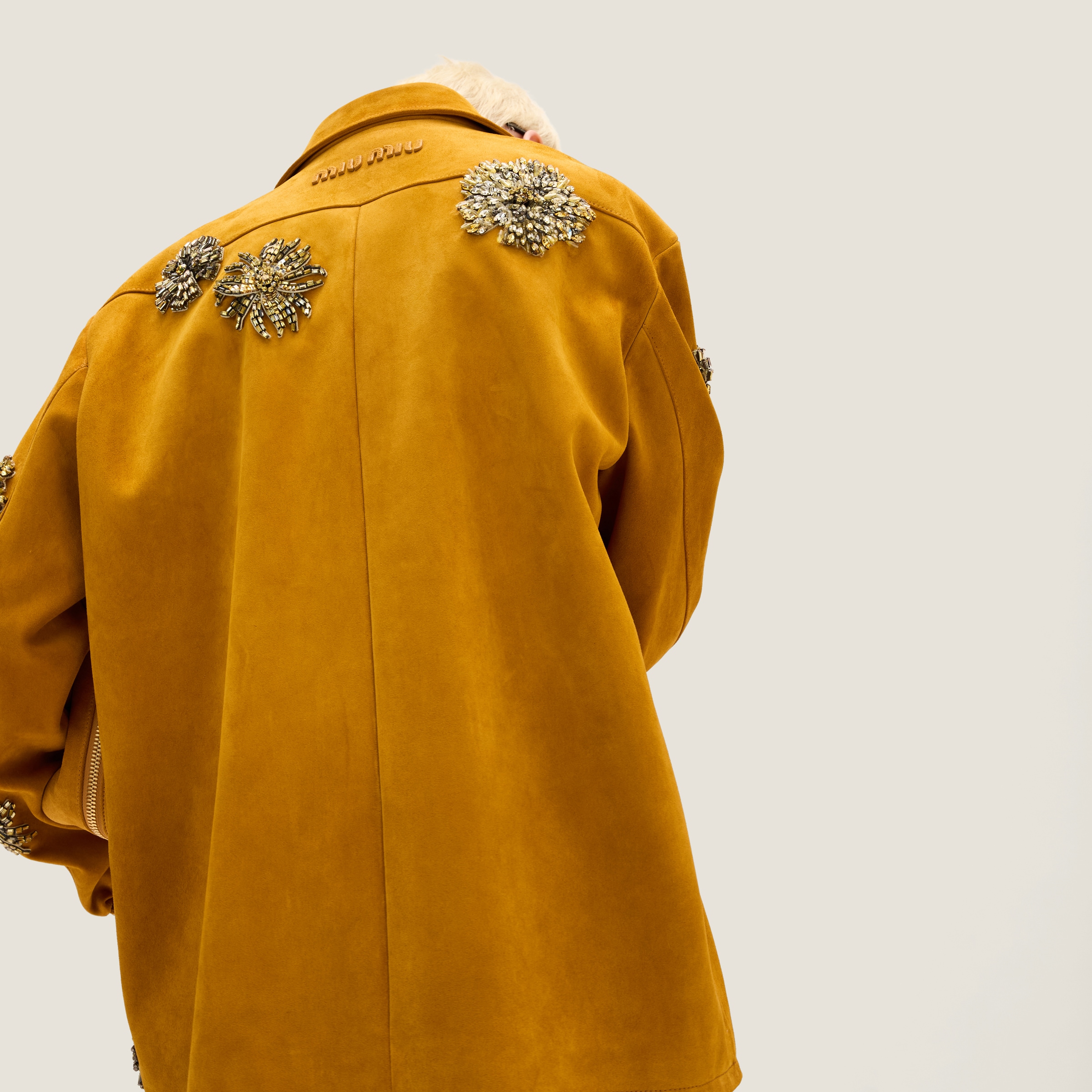 Miu Miu Embroidered Suede Jacket In Whiskey