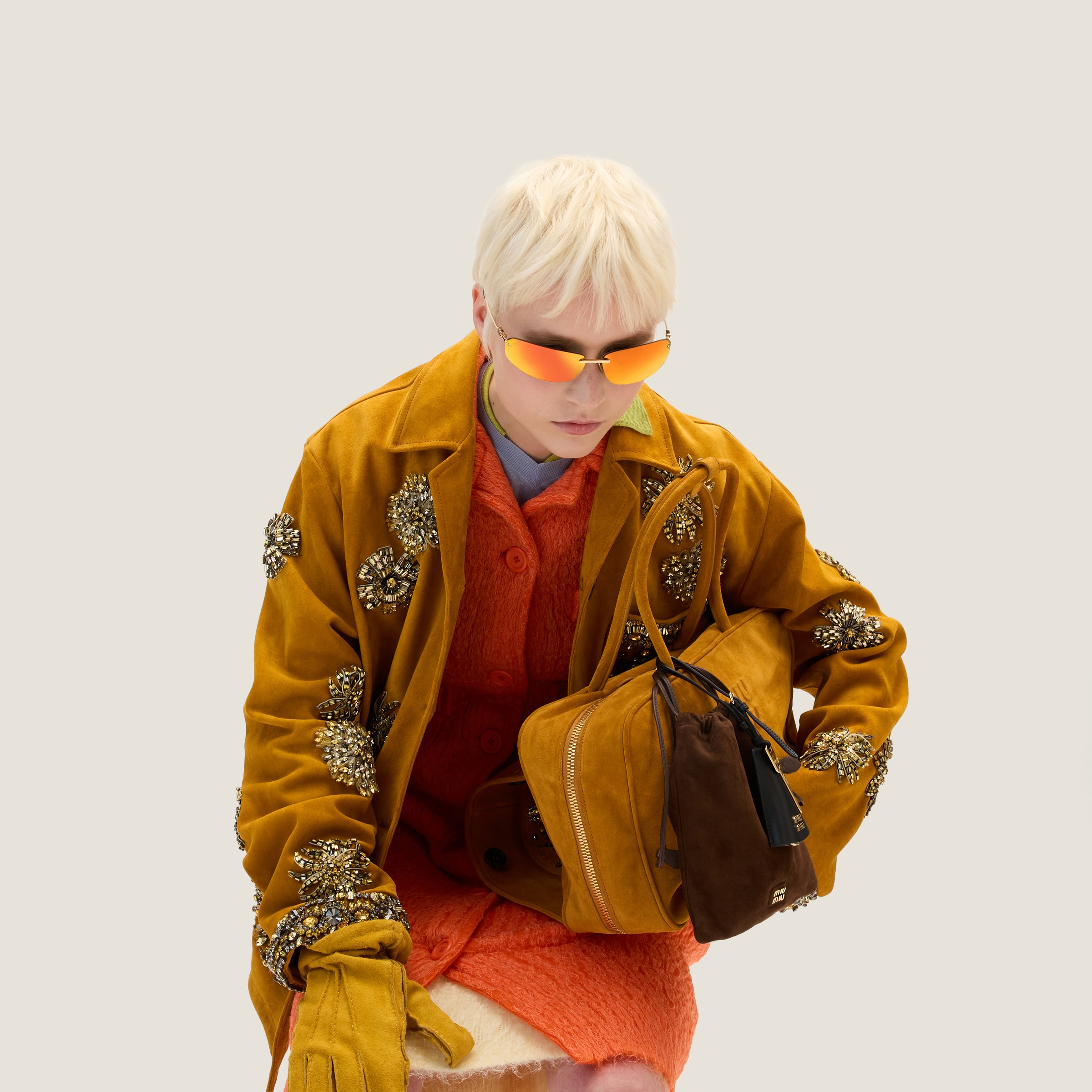 Miu Miu Embroidered Suede Jacket In Whiskey