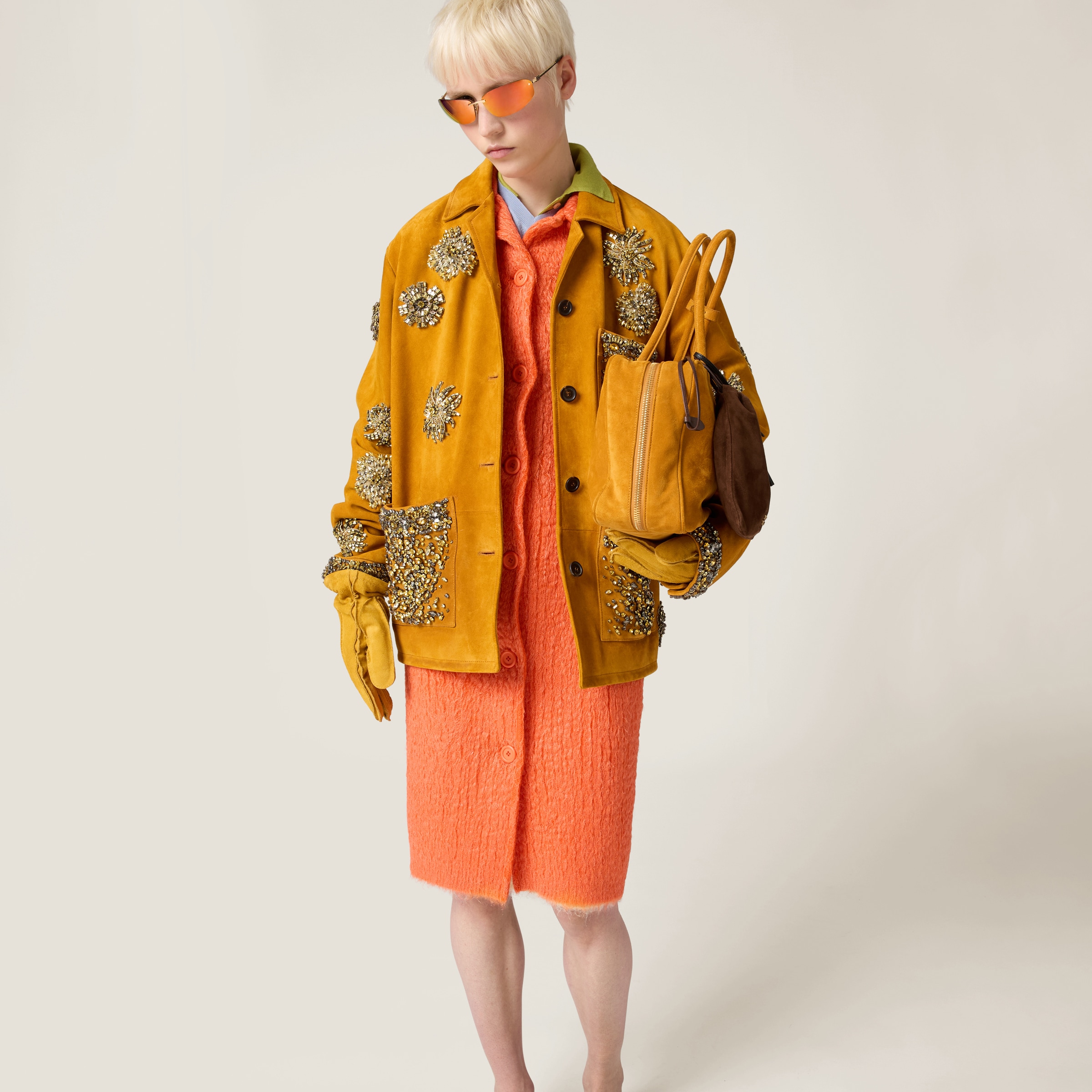 Miu Miu Embroidered Suede Jacket In Whiskey