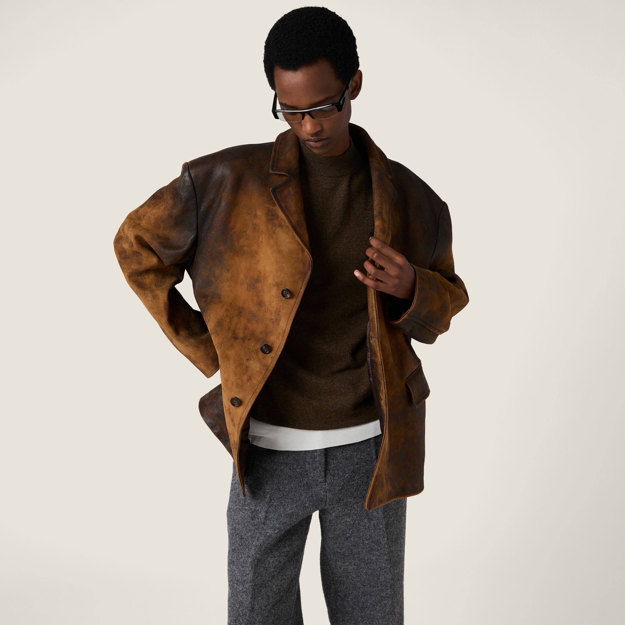 Miu Miu Waxed Suede Leather Jacket In Brown