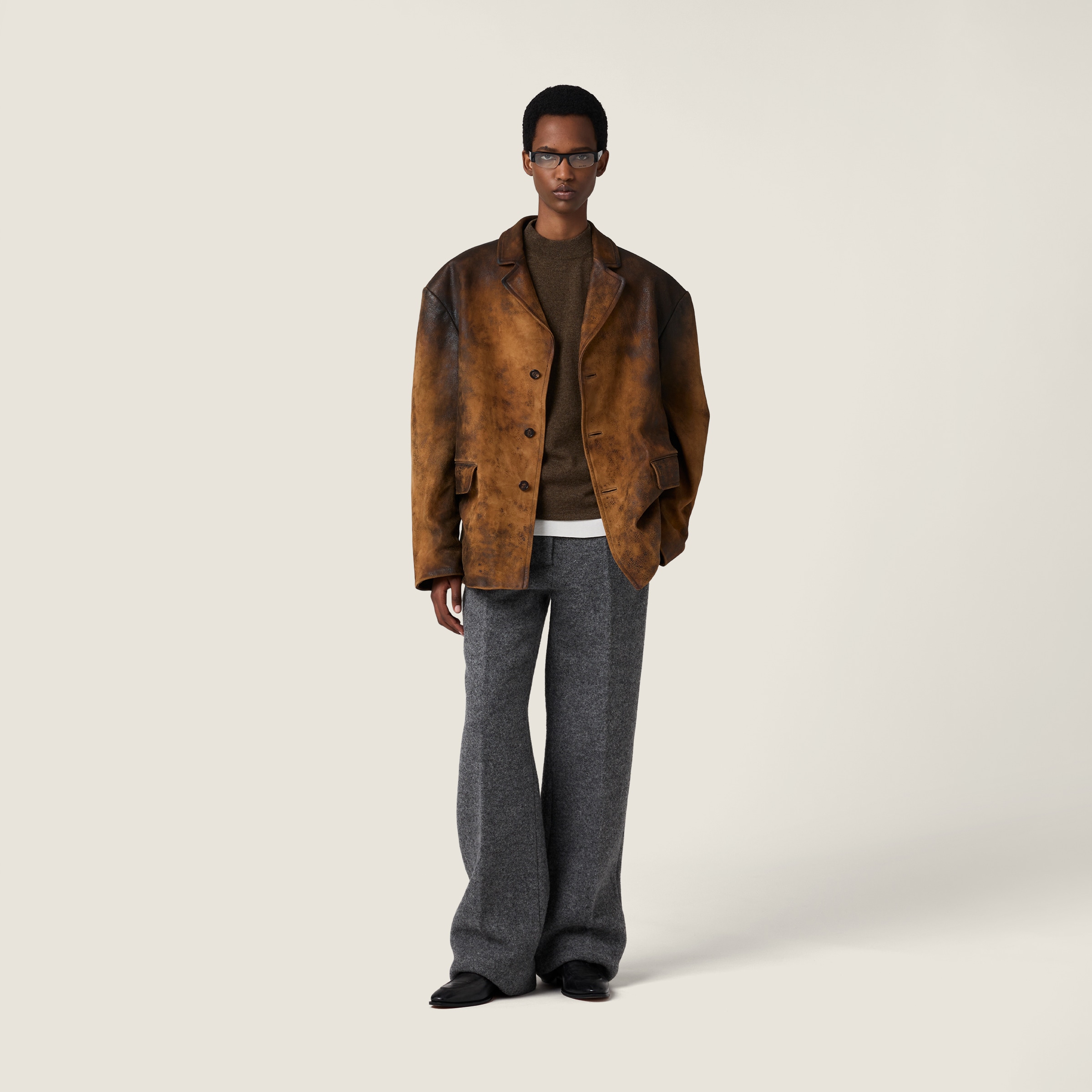 Miu Miu Waxed Suede Leather Jacket In Brown
