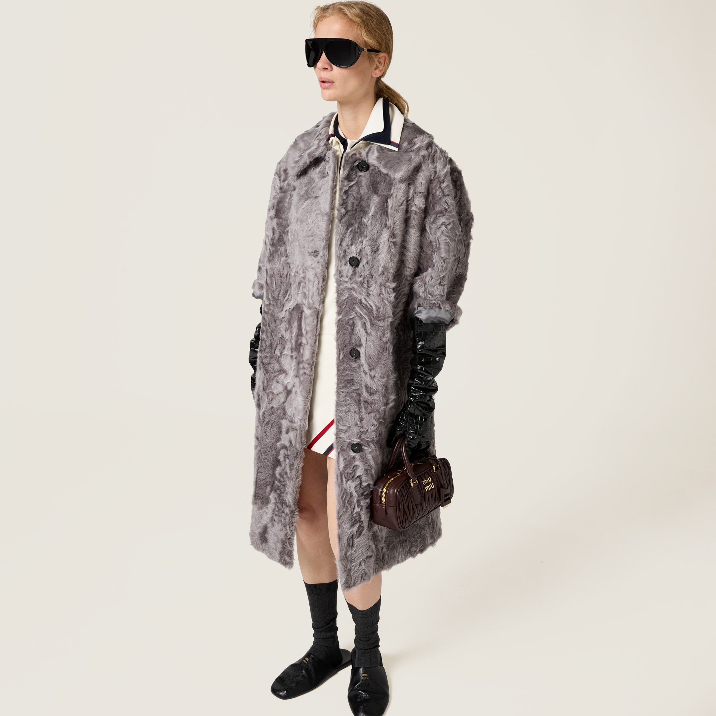 Miu Miu Chekiang Lambskin Coat In Cloudy Gray
