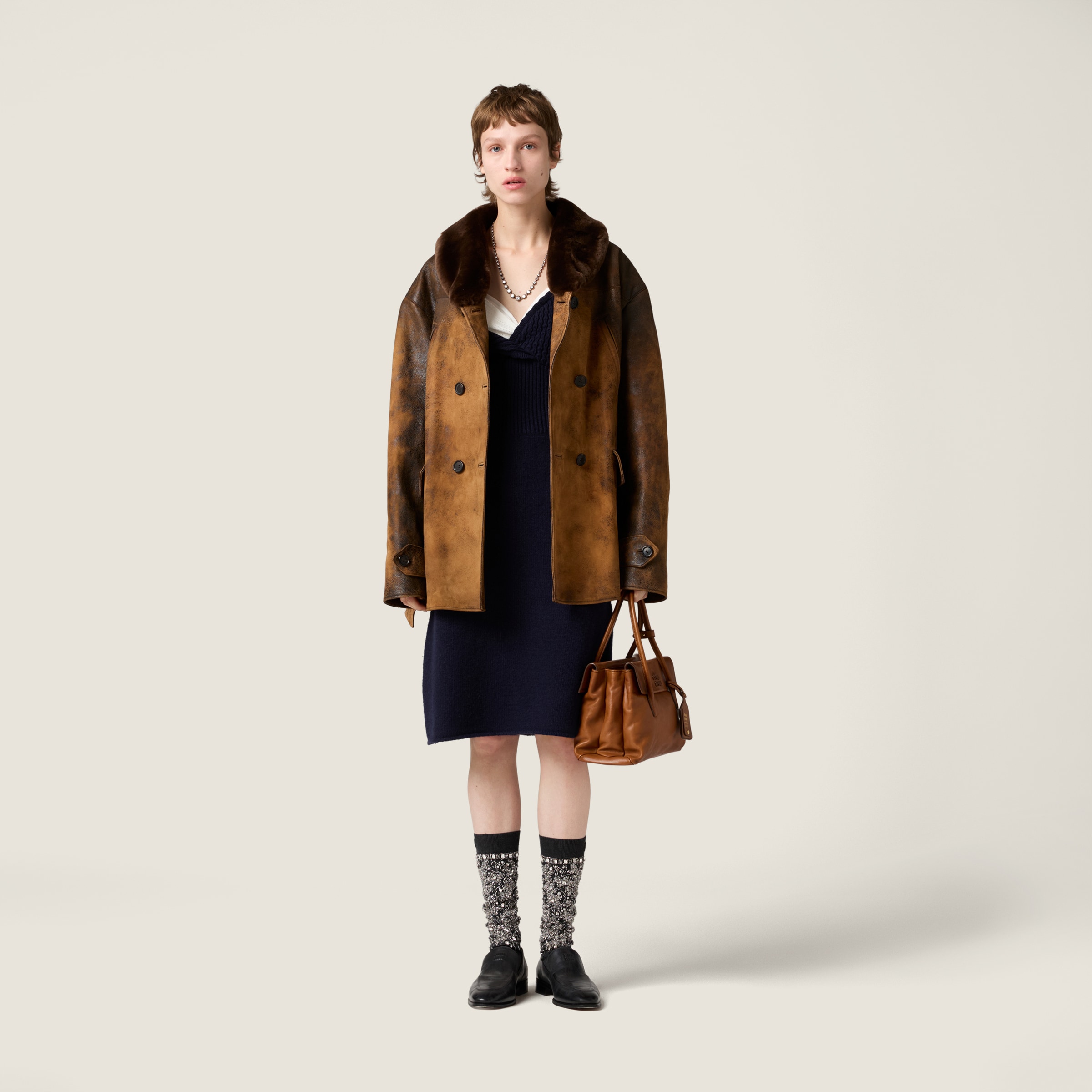 Miu Miu Double-breasted Waxed Suede Caban Jacket In Multi