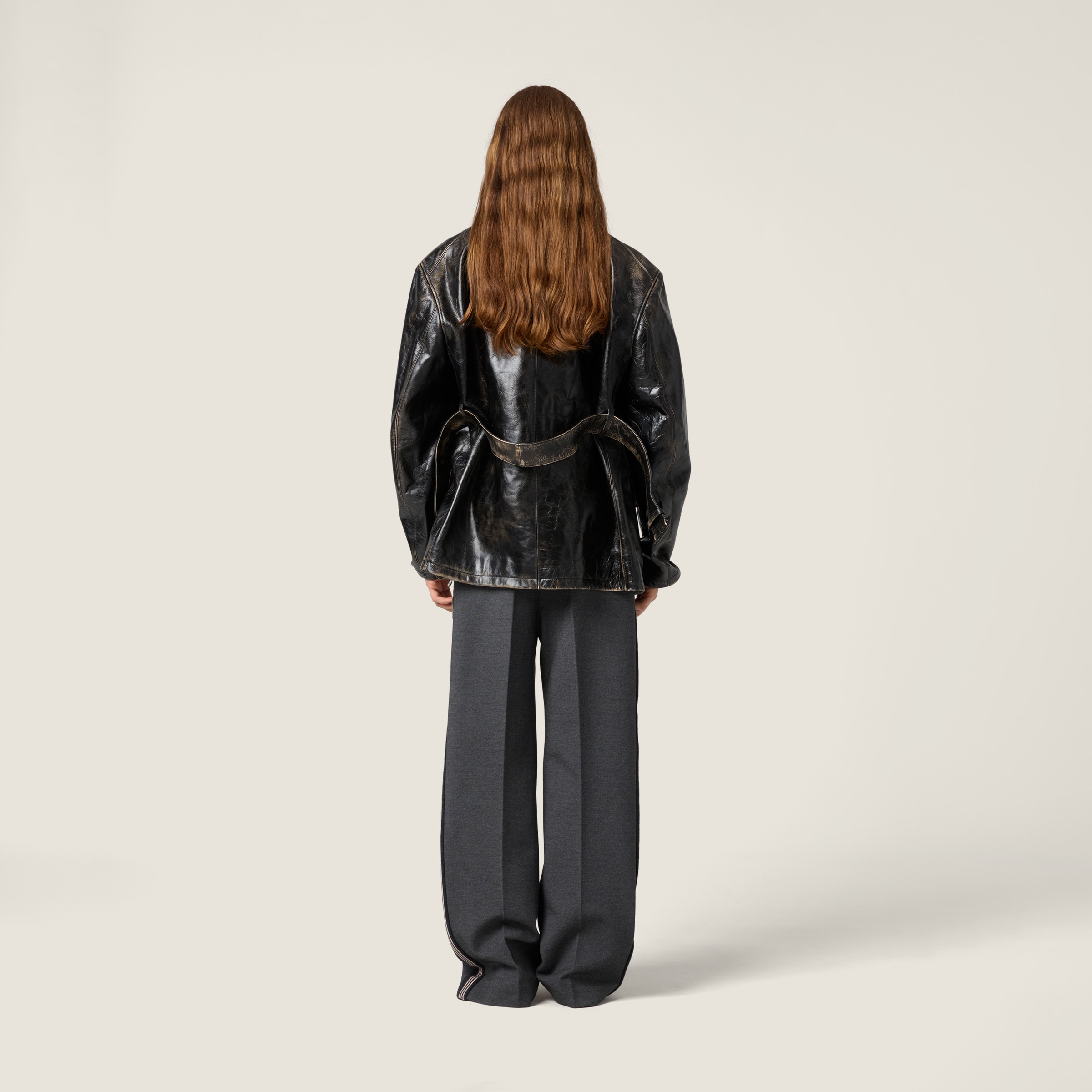 Miu Miu Double-breasted Calf Leather Caban Jacket In Black