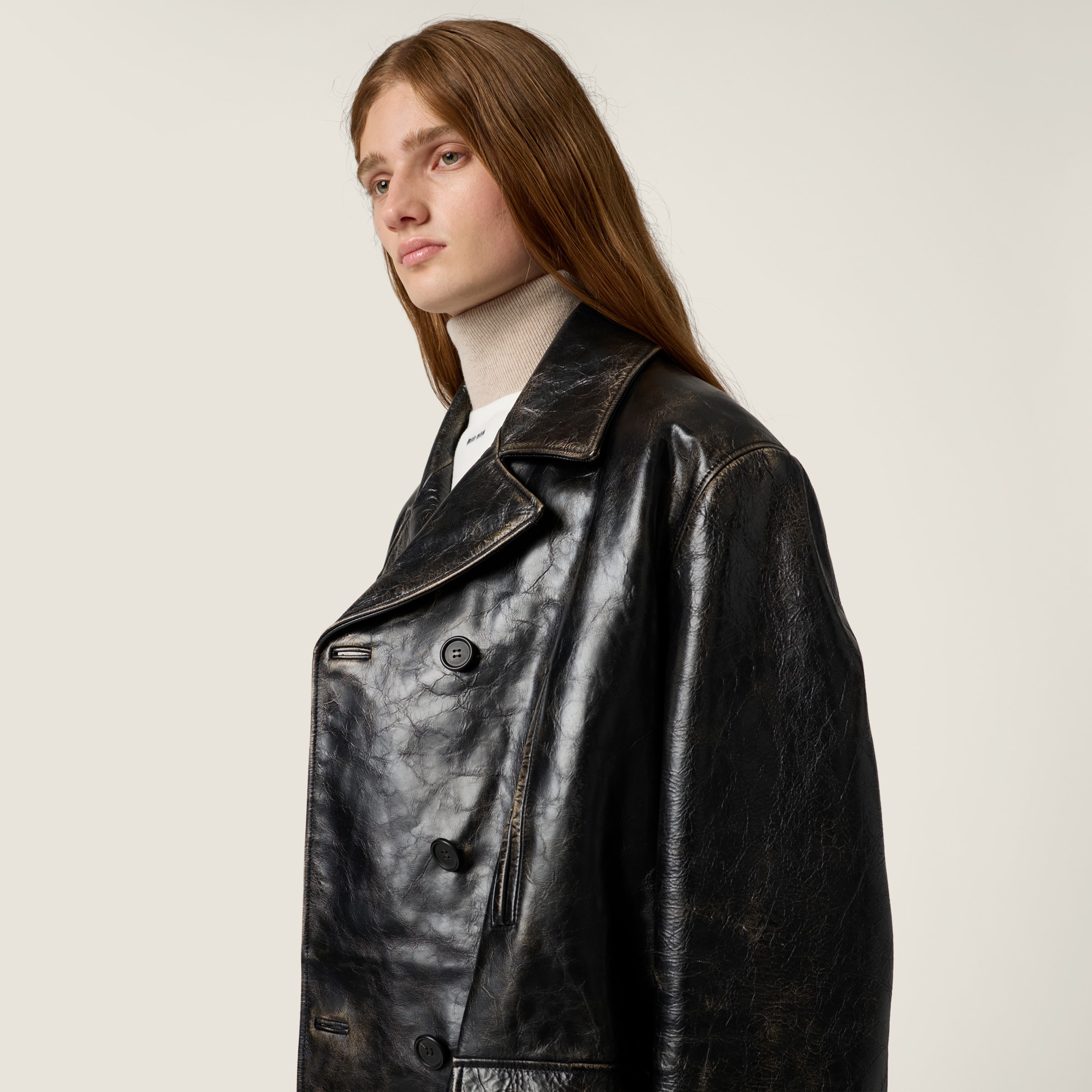 Miu Miu Double-breasted Calf Leather Caban Jacket In Black