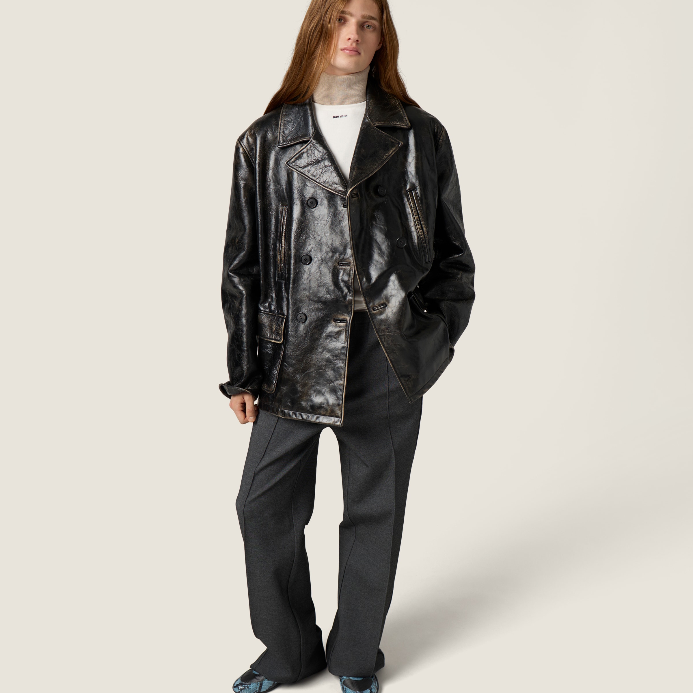 Black Double-breasted Calf Leather Caban Jacket | Miu Miu