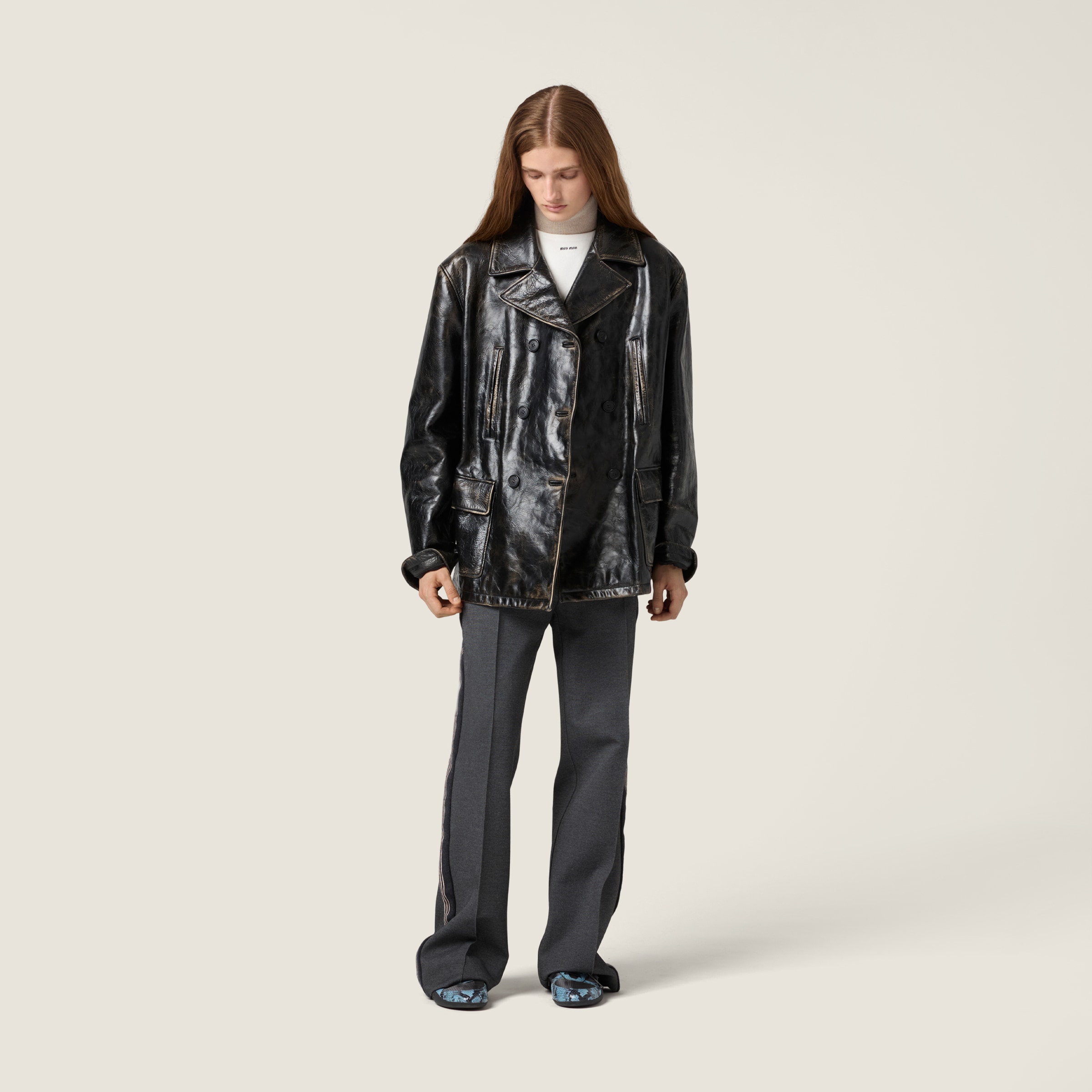 Miu Miu Double-breasted Calf Leather Caban Jacket In Black