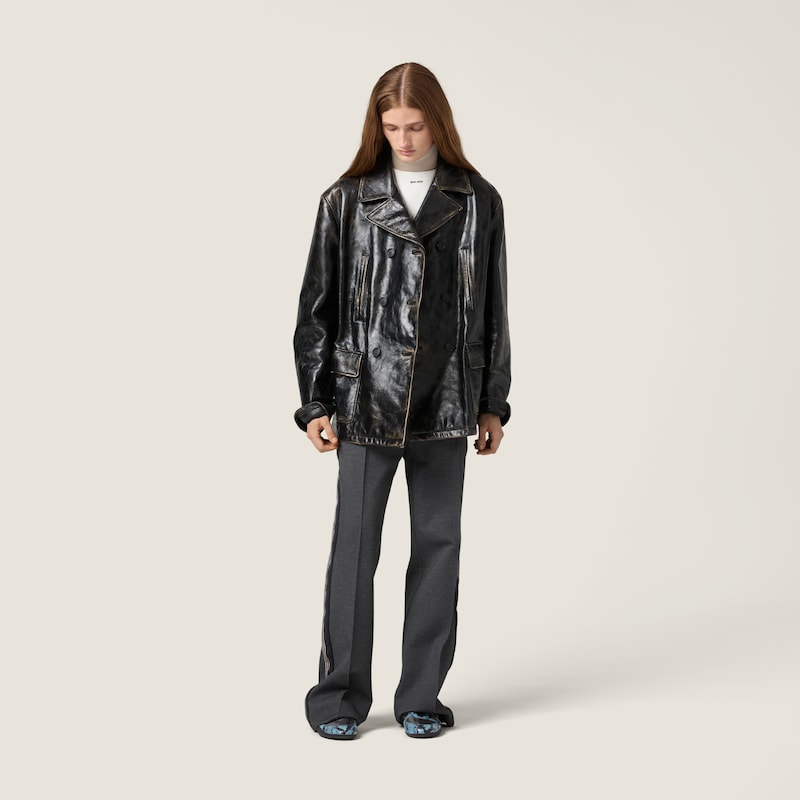 雙排扣小牛皮厚呢短外套