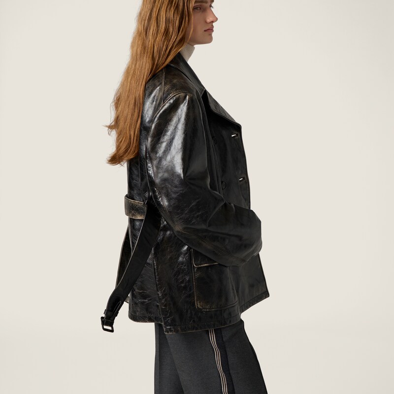 雙排扣小牛皮厚呢短外套