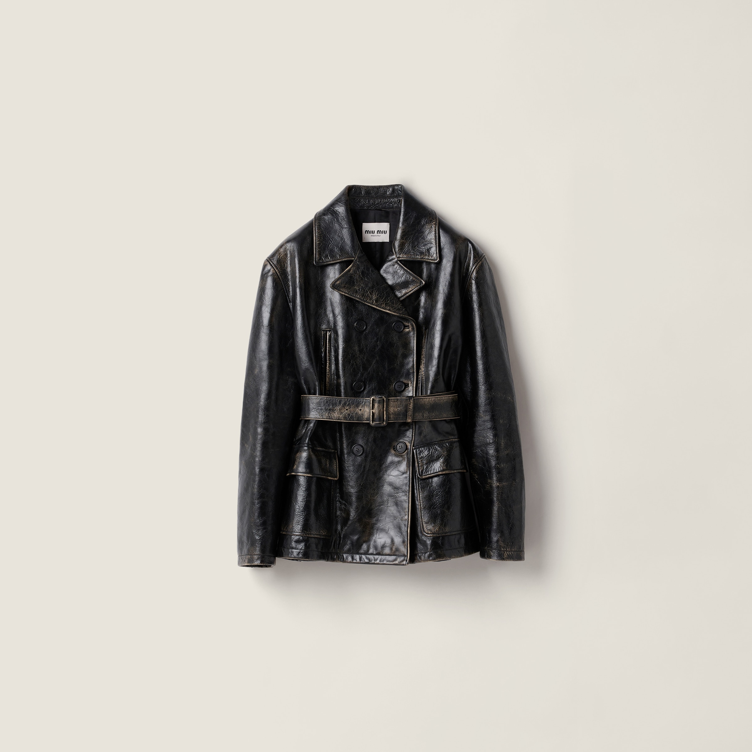 Miu Miu Double-breasted Calf Leather Caban Jacket In Black