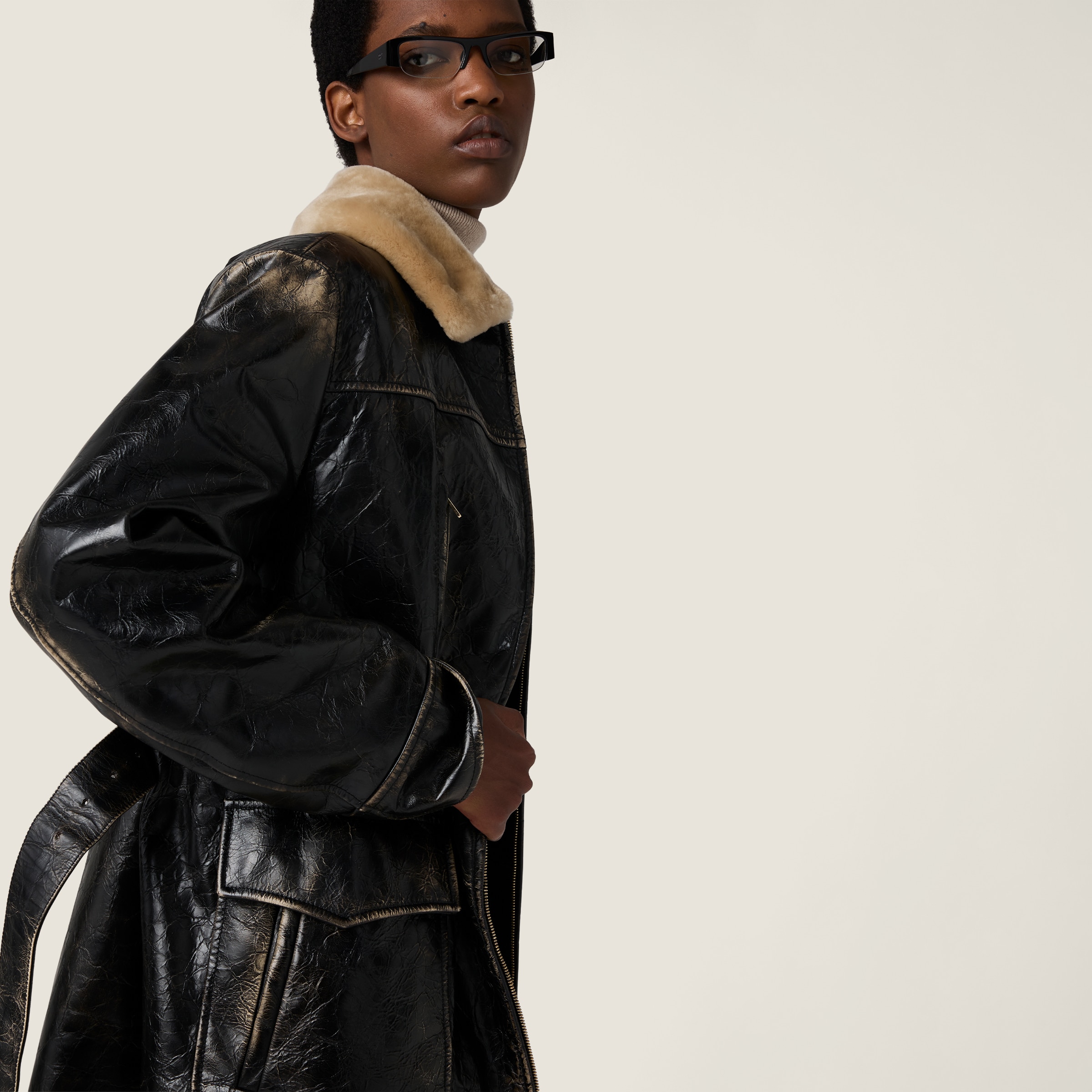 Miu Miu Calf Leather Caban Jacket In Black