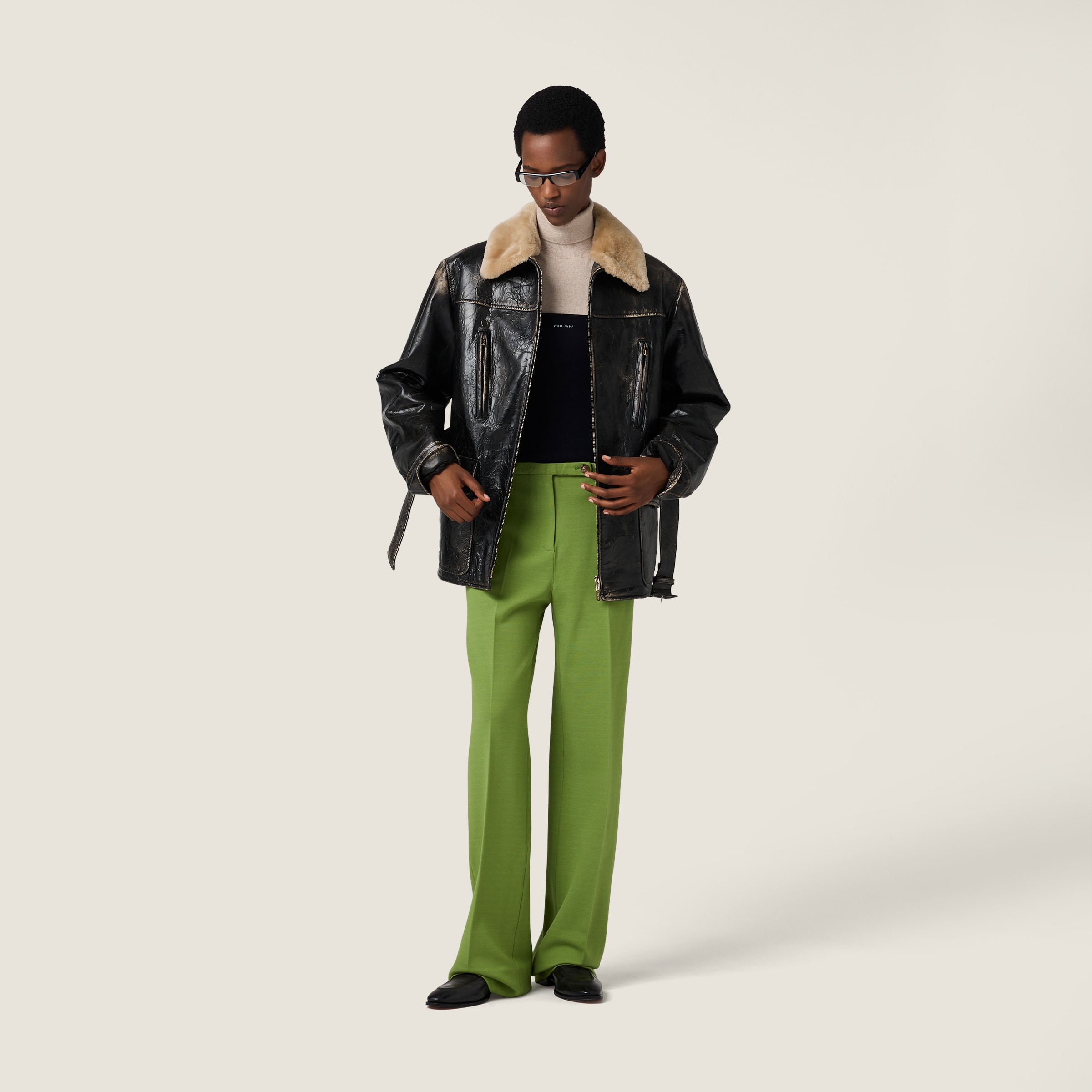 Miu Miu Calf Leather Caban Jacket In Black