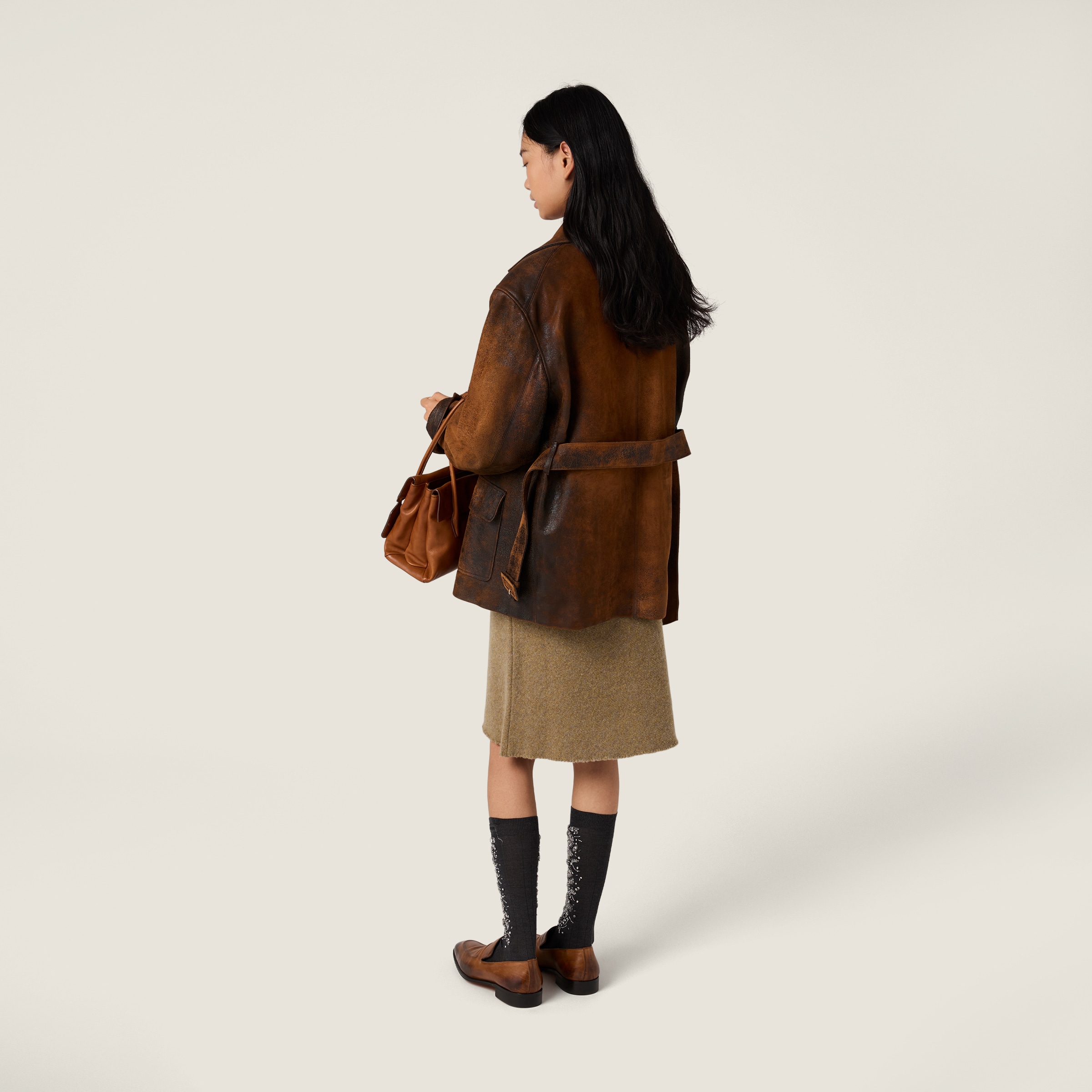 Miu Miu Double-breasted Waxed Suede Caban Jacket In Brown