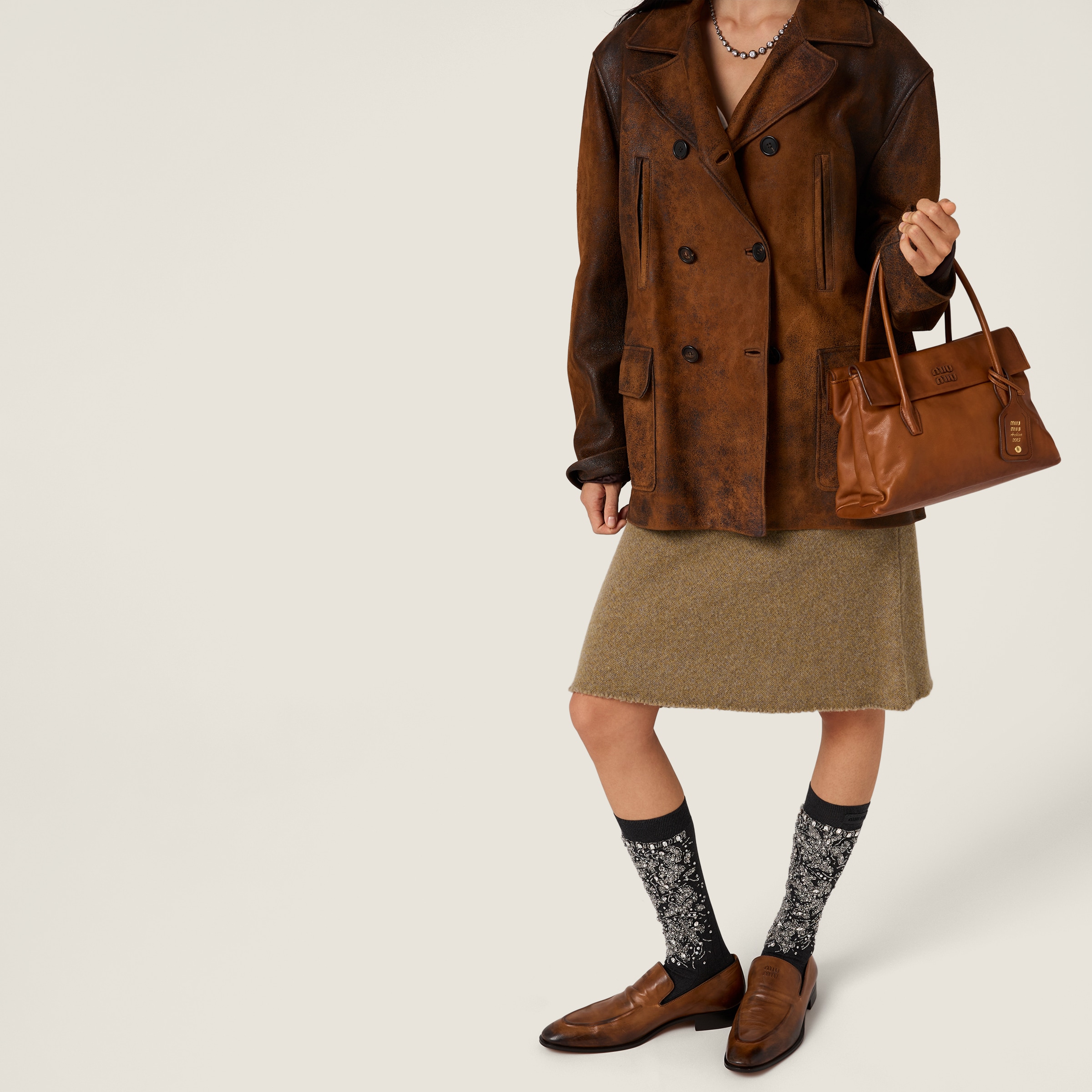 Miu Miu Double-breasted Waxed Suede Caban Jacket In Brown