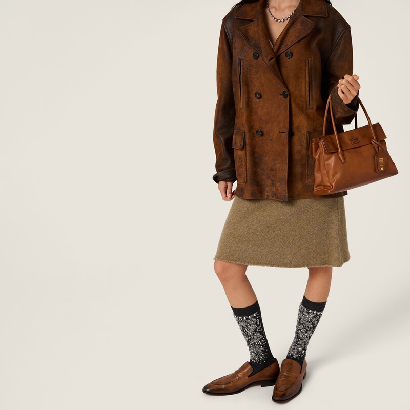 雙排扣蠟面麂皮厚呢短外套