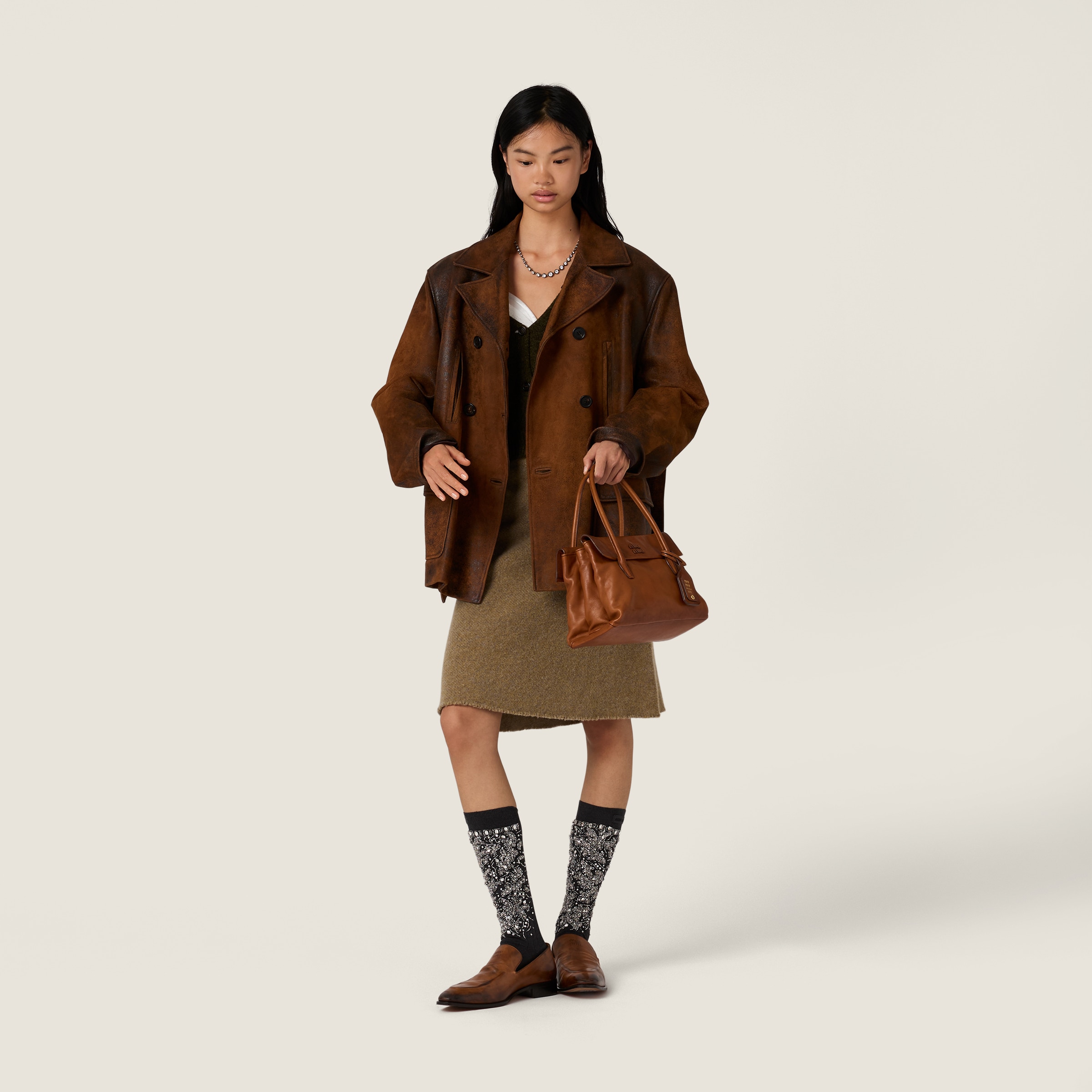 Miu Miu Double-breasted Waxed Suede Caban Jacket In Brown