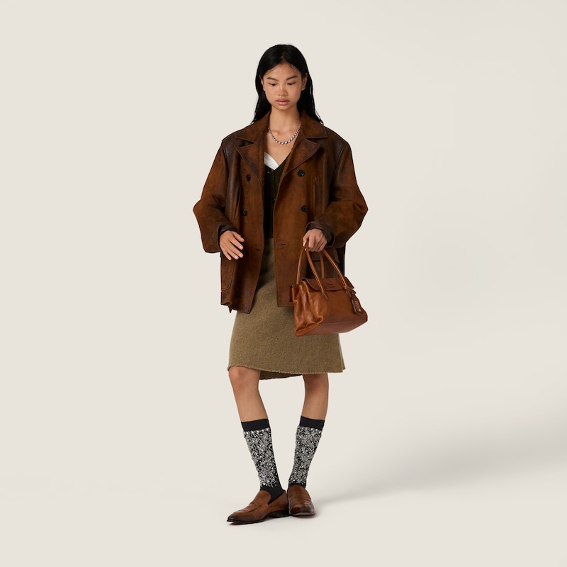 雙排扣蠟面麂皮厚呢短外套