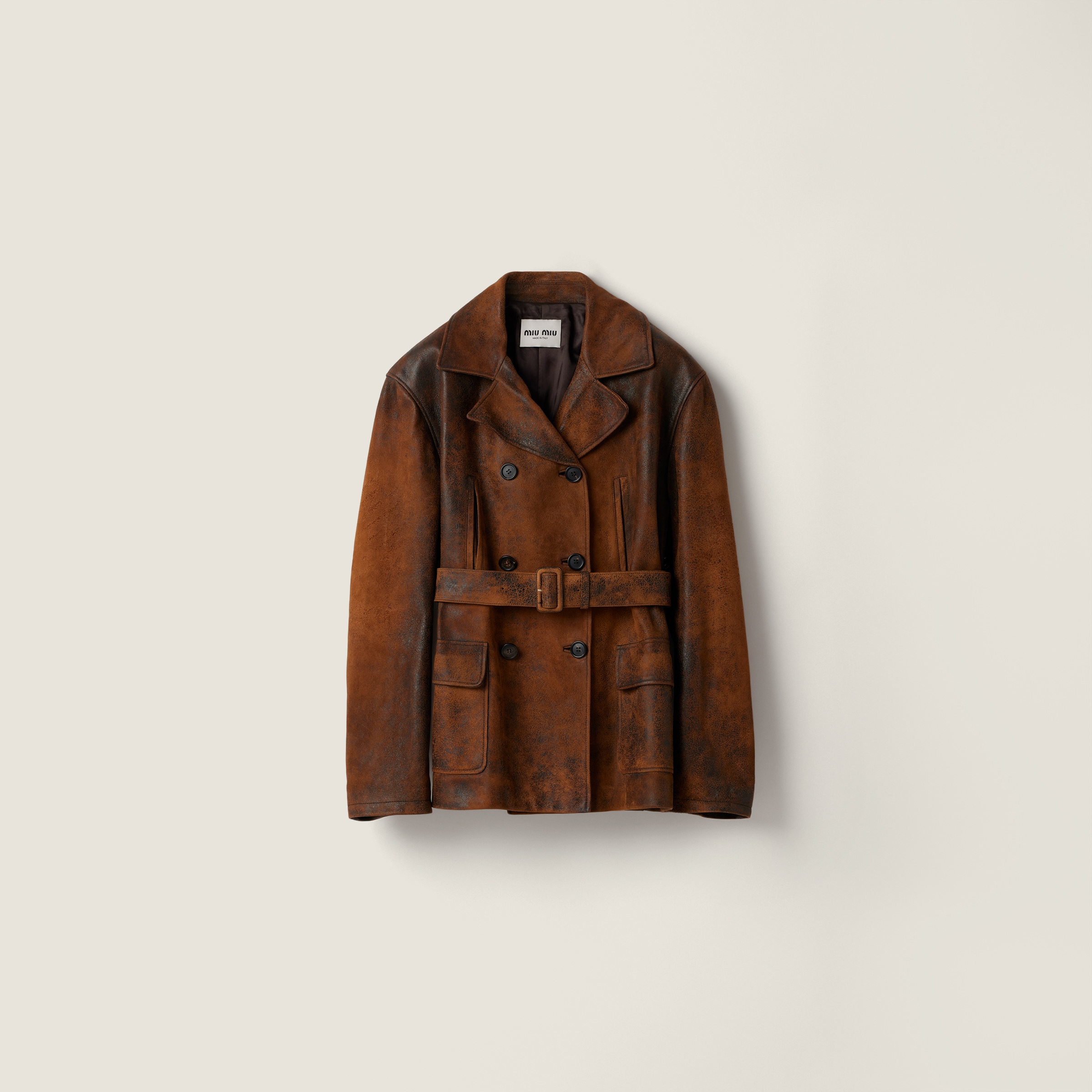 Miu Miu Double-breasted Waxed Suede Caban Jacket In Brown