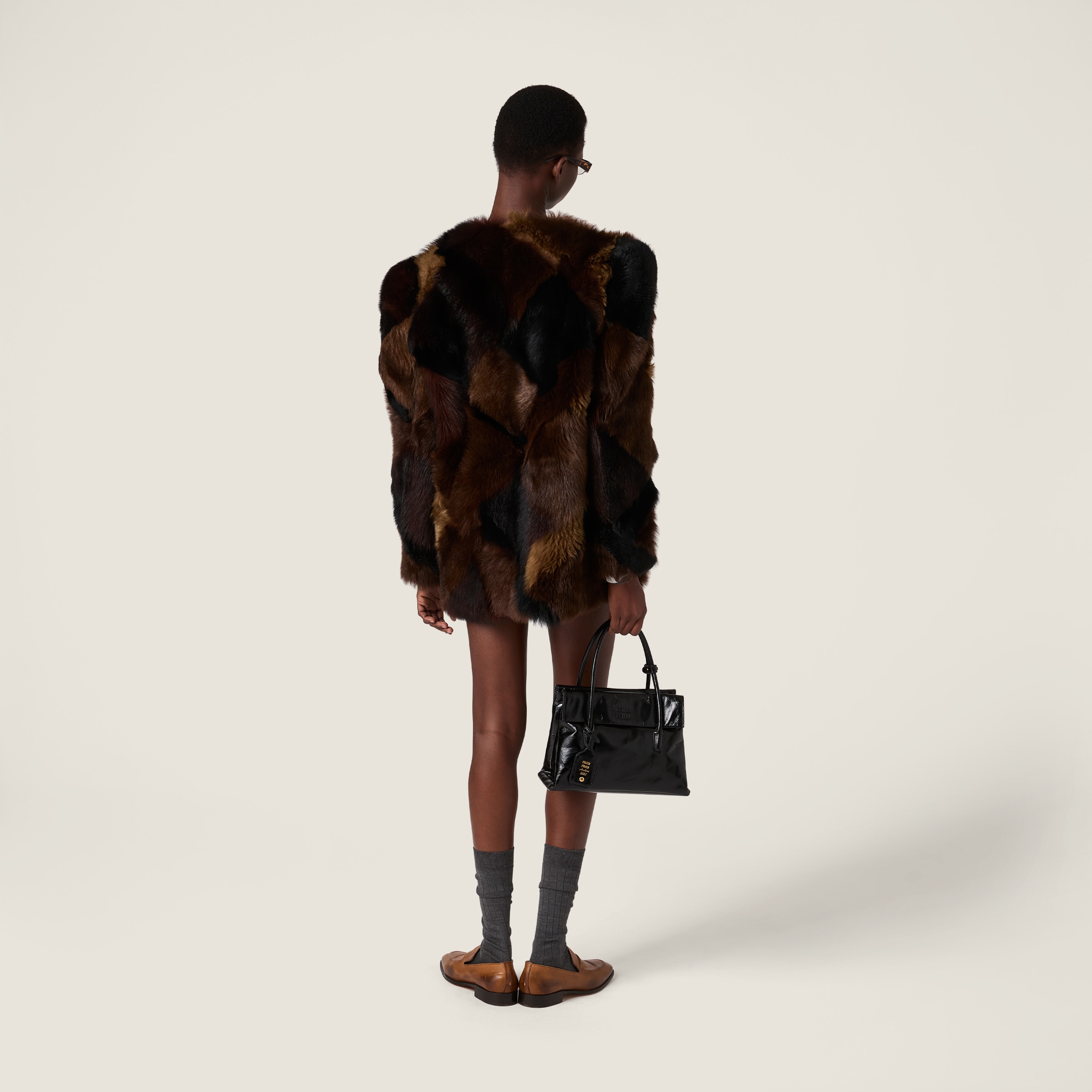 Miu Miu Shearling Patchwork Caban Jacket In Brown