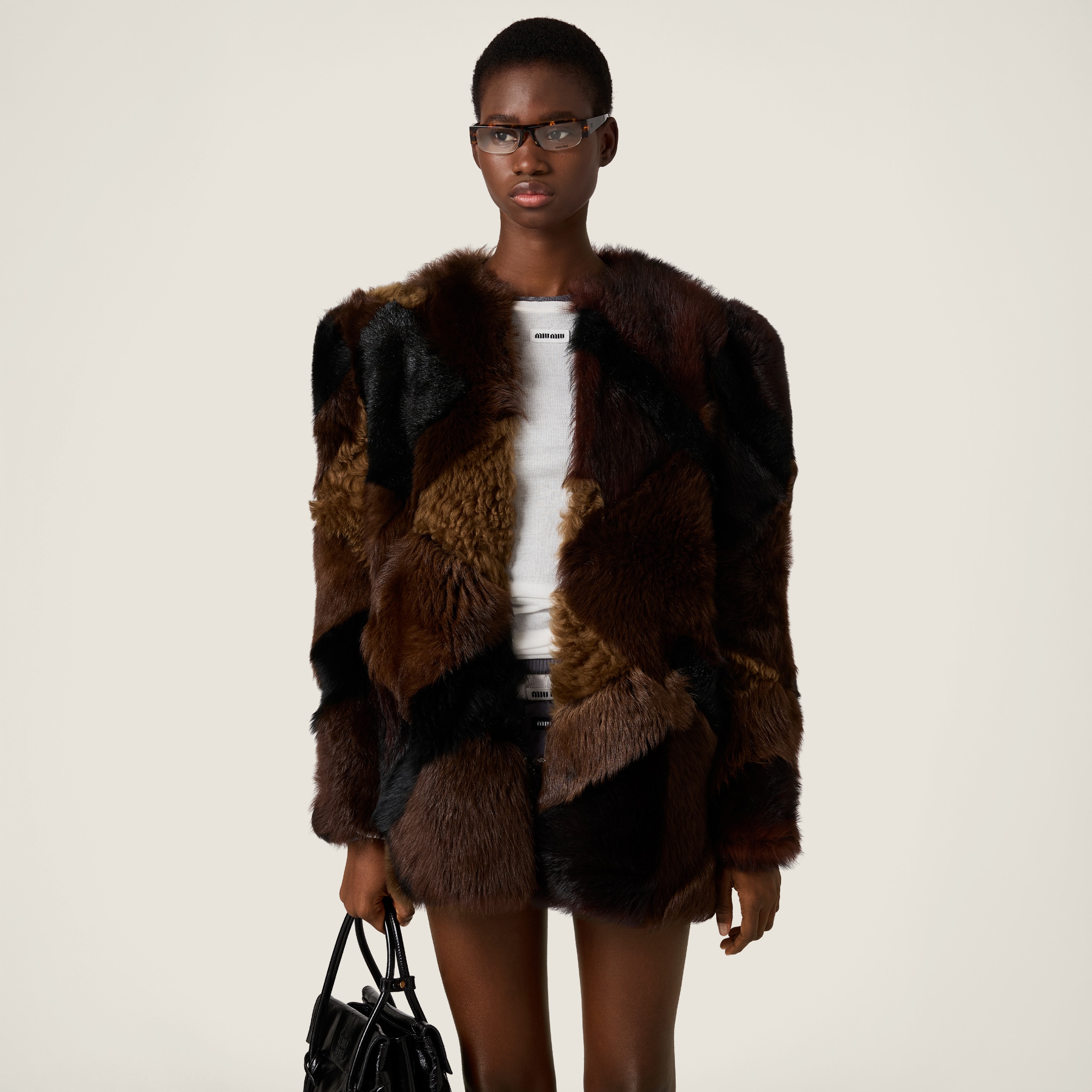 Miu Miu Shearling Patchwork Caban Jacket In Brown