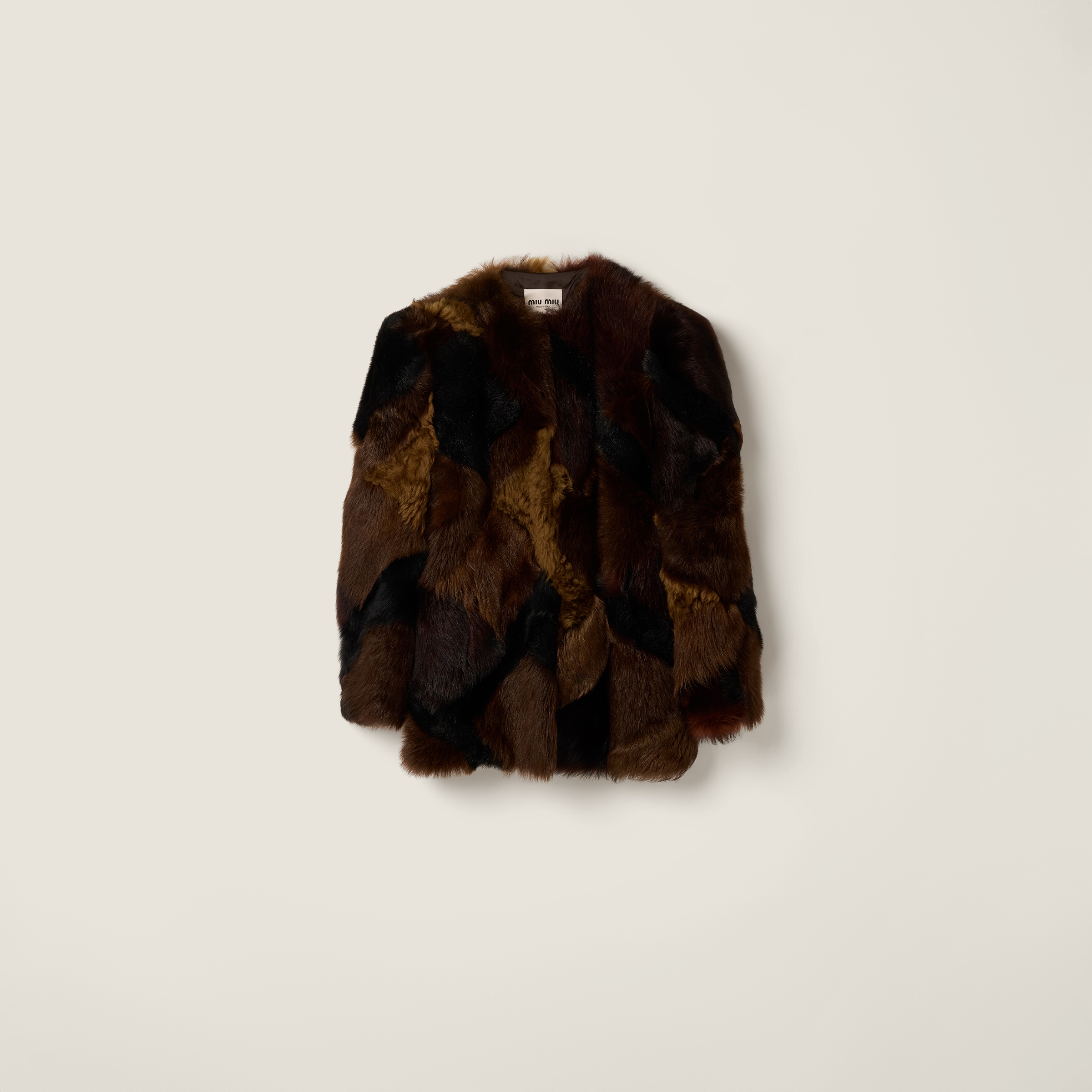 Miu Miu Shearling Patchwork Caban Jacket In Brown