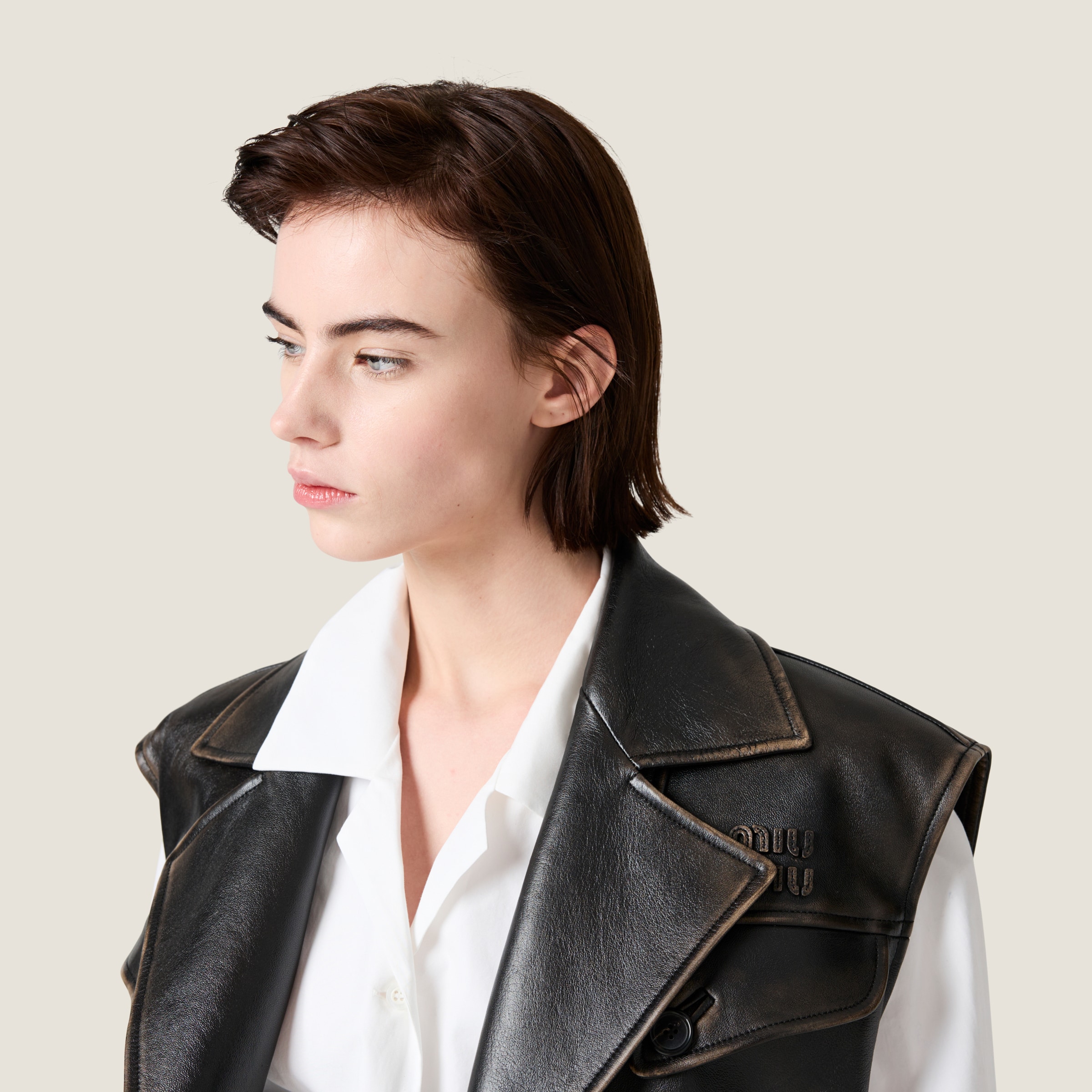 Miu Miu Women Logo Nappa Vest In Sand/black