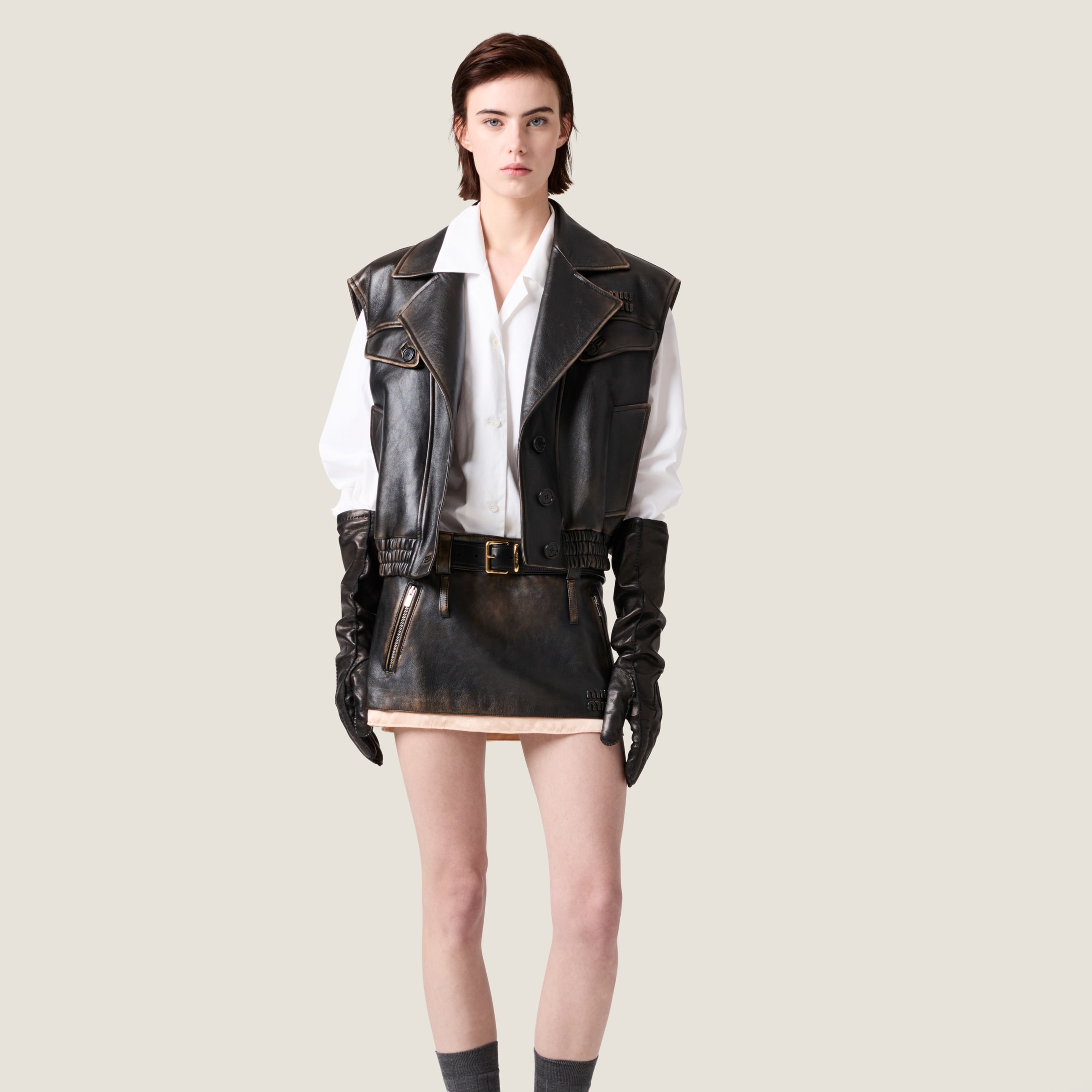 Miu Miu Women Logo Nappa Vest In Sand/black