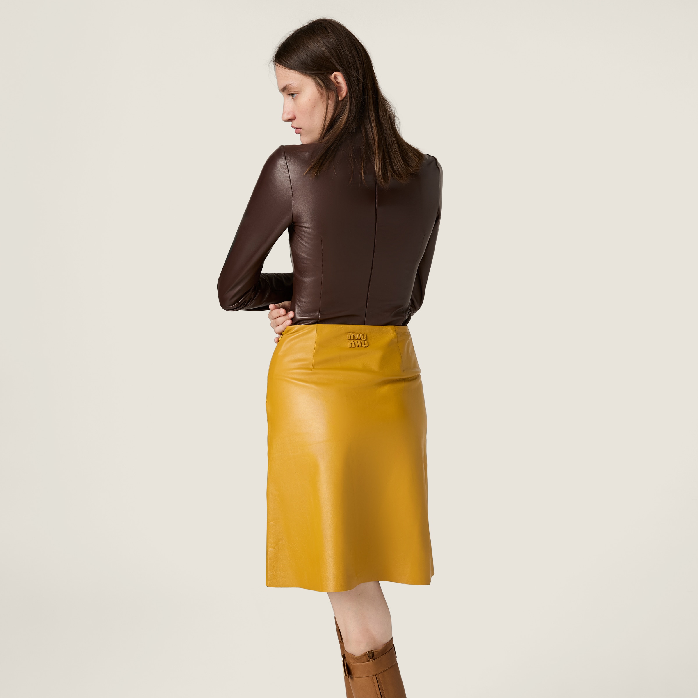 Miu Miu Long-sleeved Nappa Leather Top With Buckle In Brown