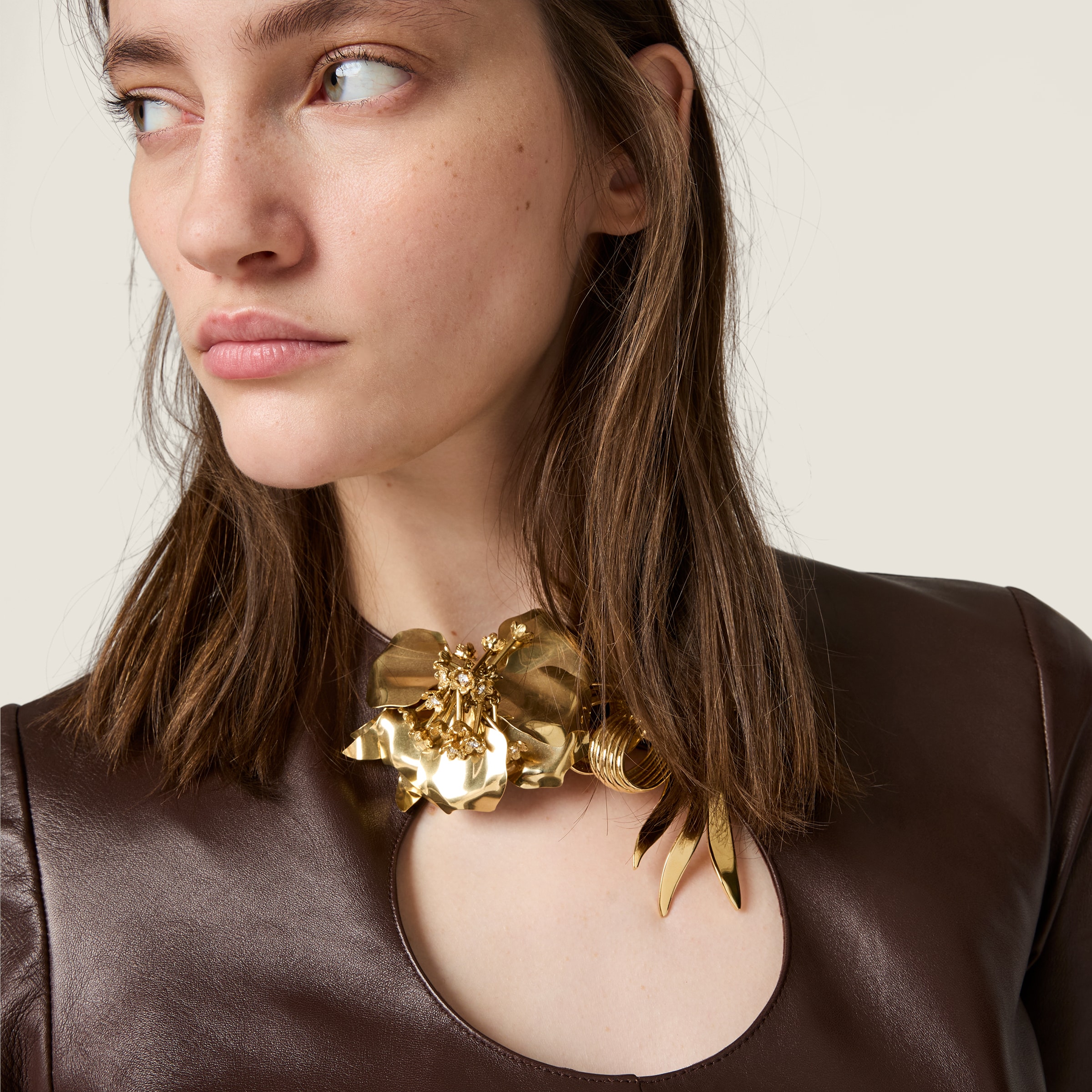 Miu Miu Long-sleeved Nappa Leather Top With Buckle In Brown