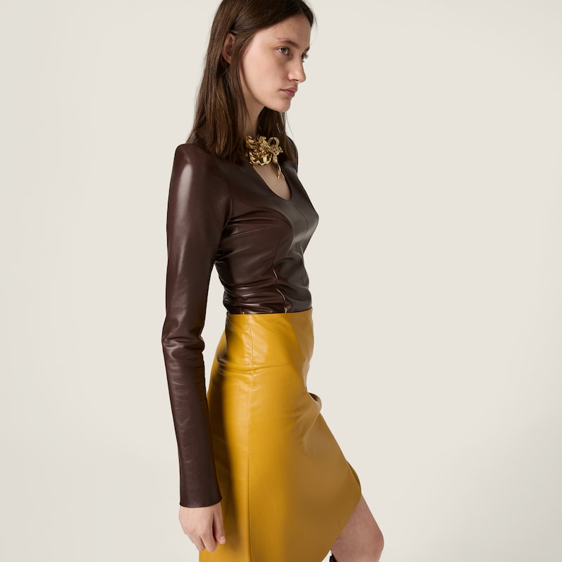 Long-sleeved nappa leather top with buckle