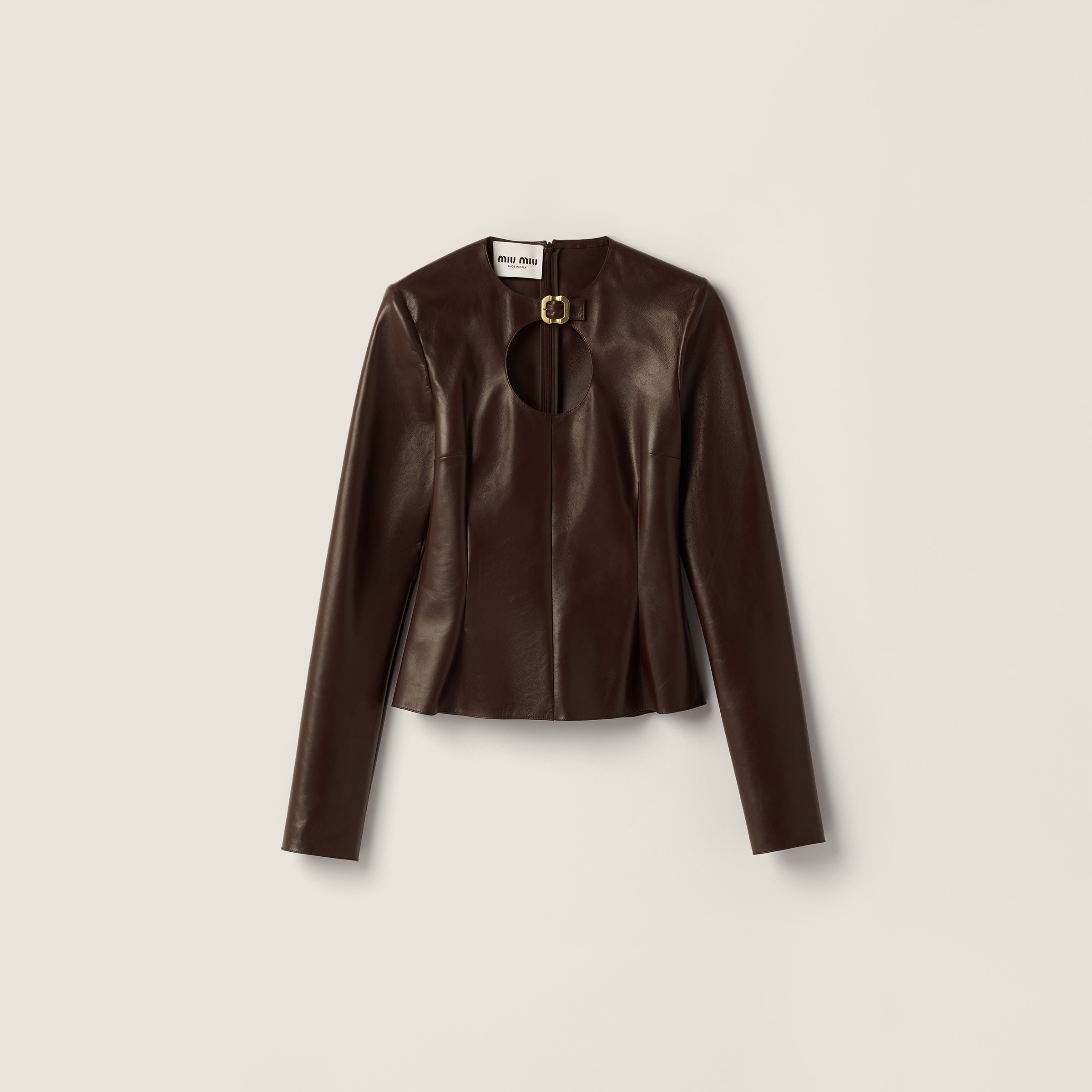Miu Miu Long-sleeved Nappa Leather Top With Buckle In Brown