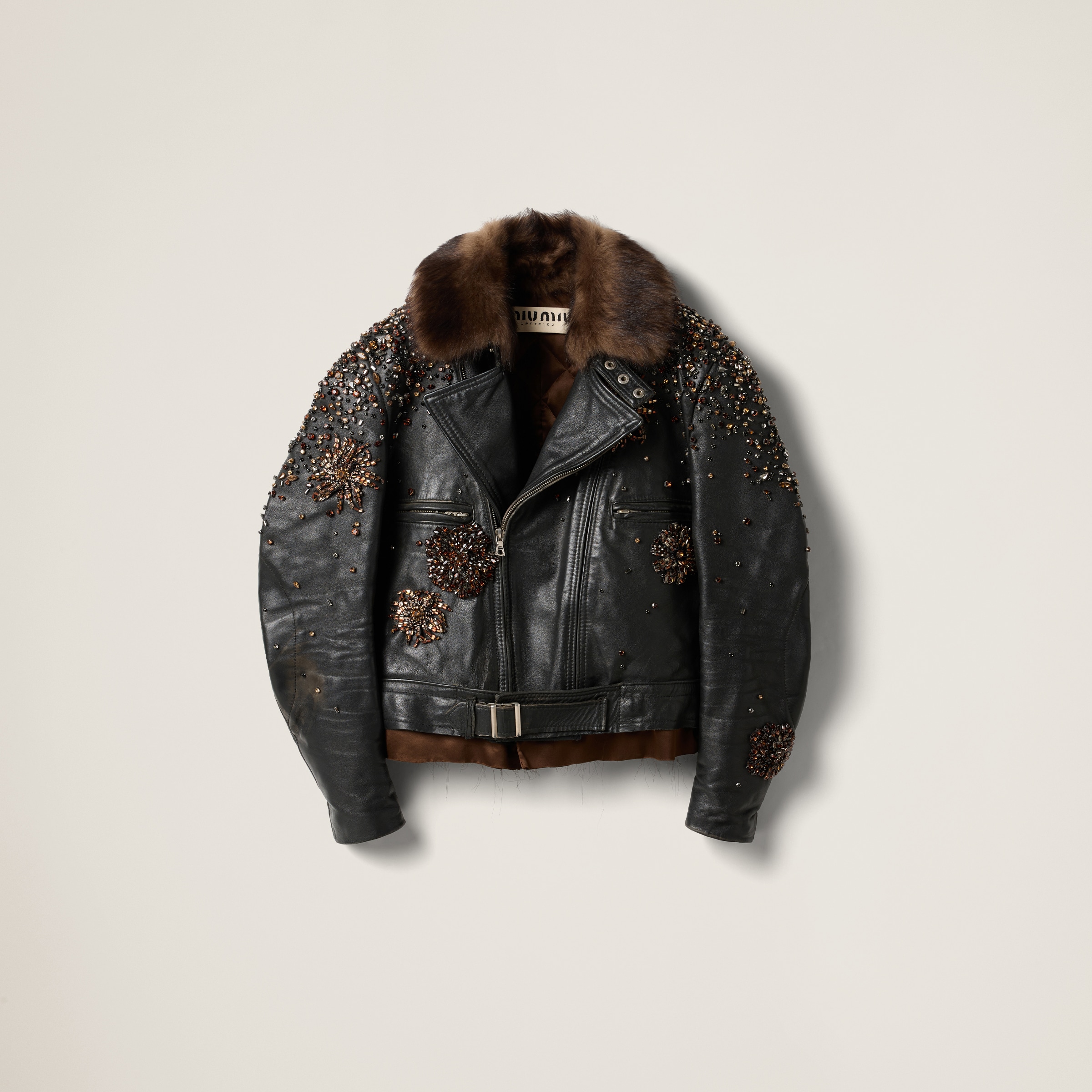 Black Embroidered Leather Biker Jacket | Miu Miu