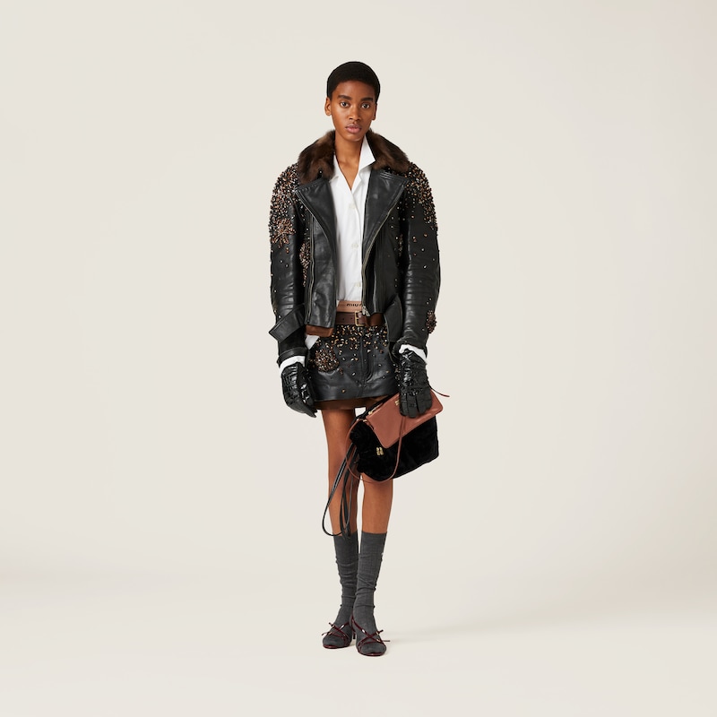 Embroidered leather skirt