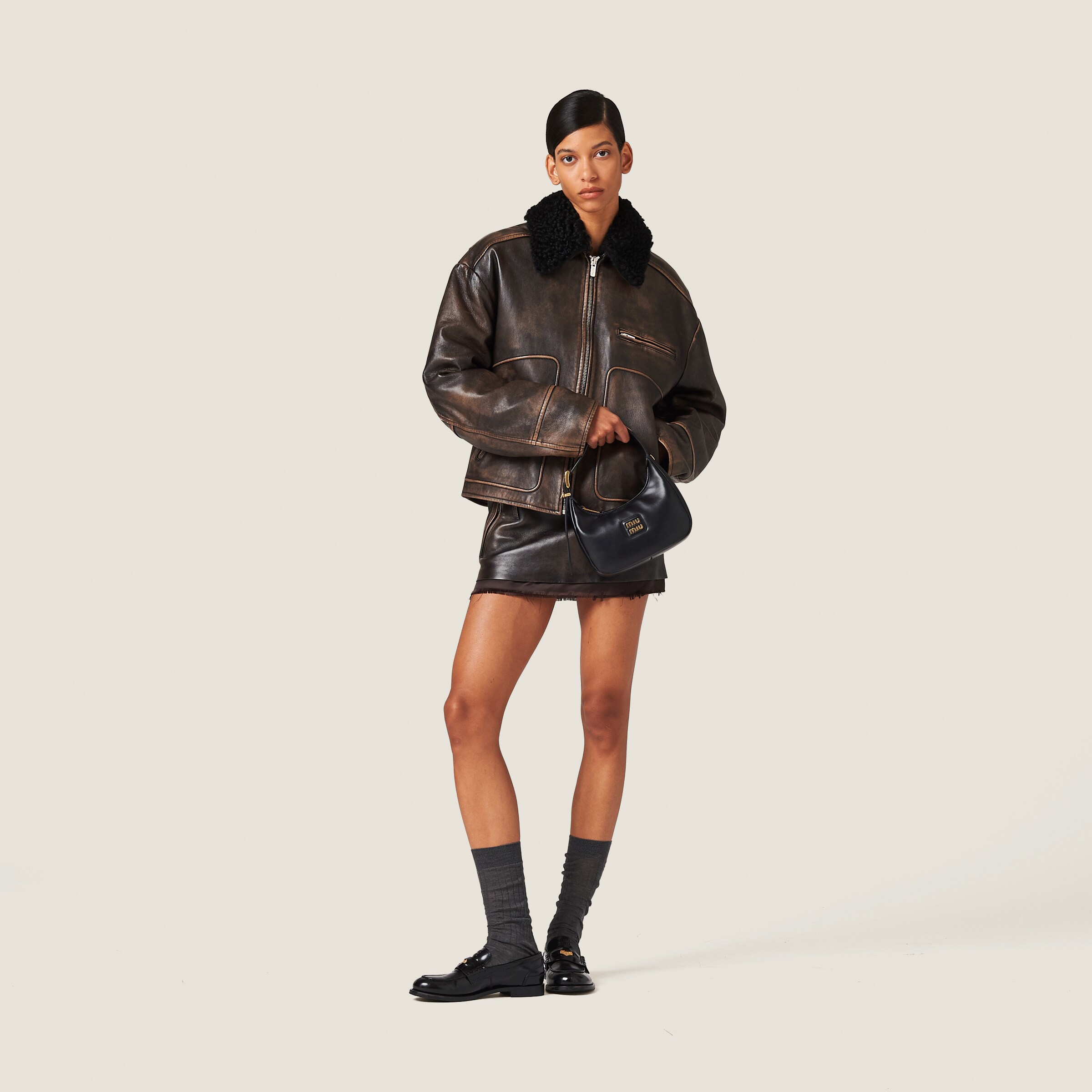 Miu miu oversized leather jacket online