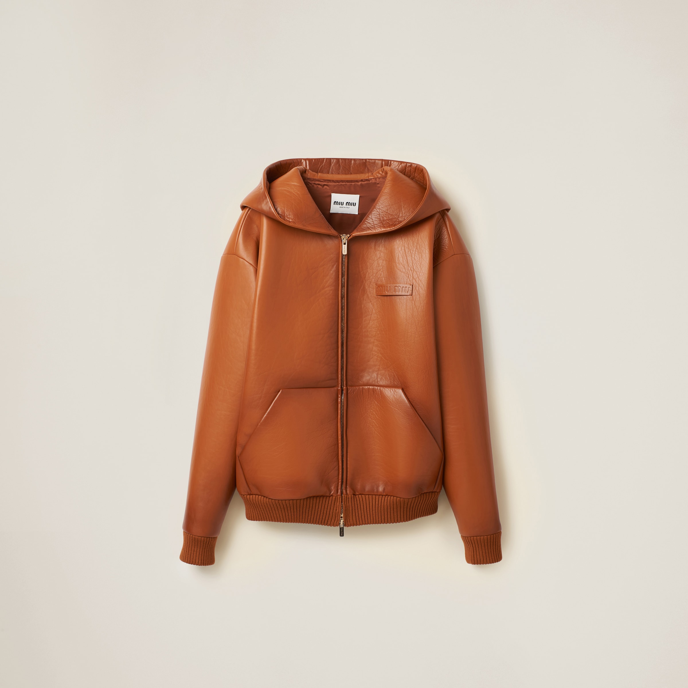 Miu Miu Leather Zip-up Hooded Jacket In Cognac