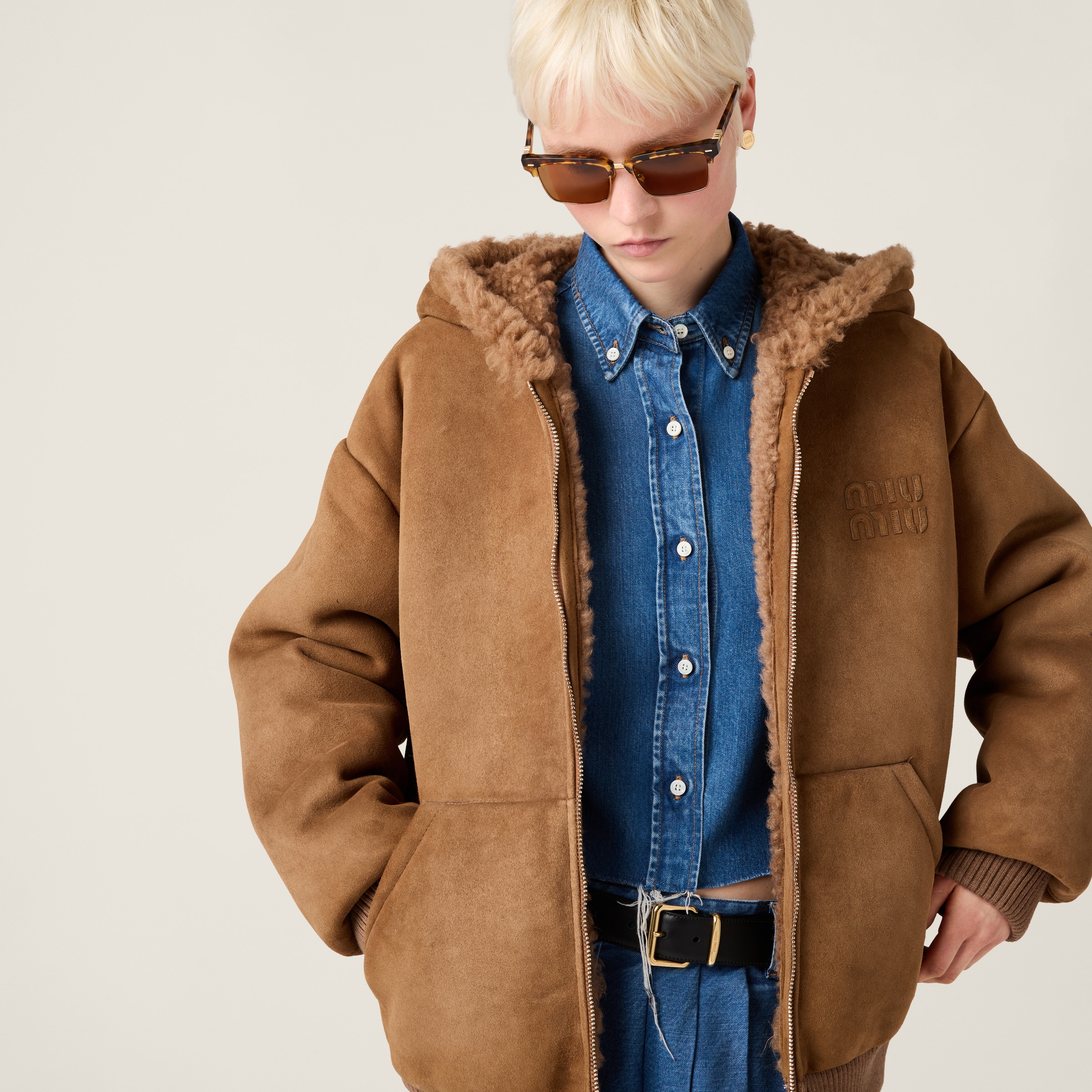 Tobacco Shearling Hoodie Jacket | Miu Miu