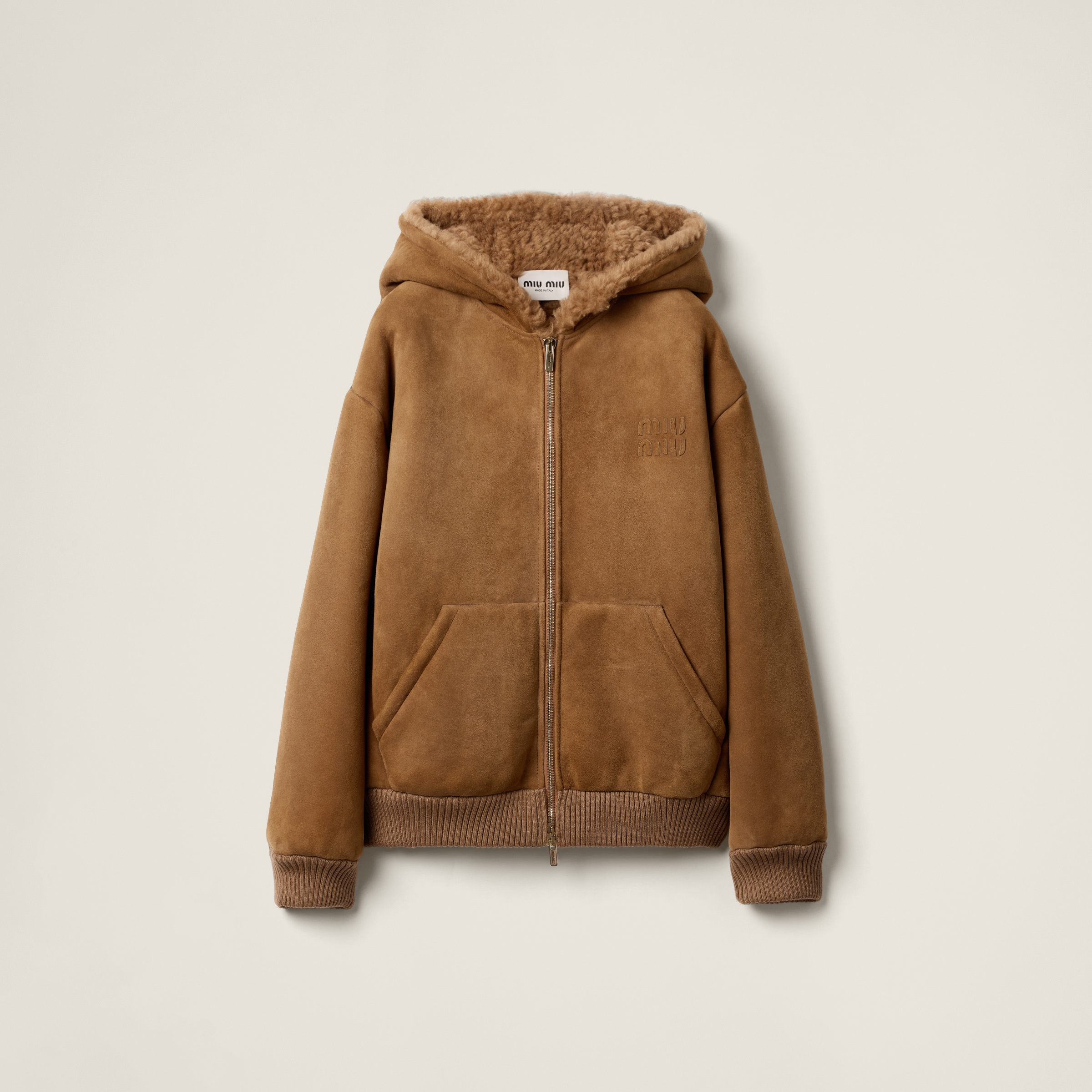 Tobacco Shearling Hoodie Jacket | Miu Miu - Japan