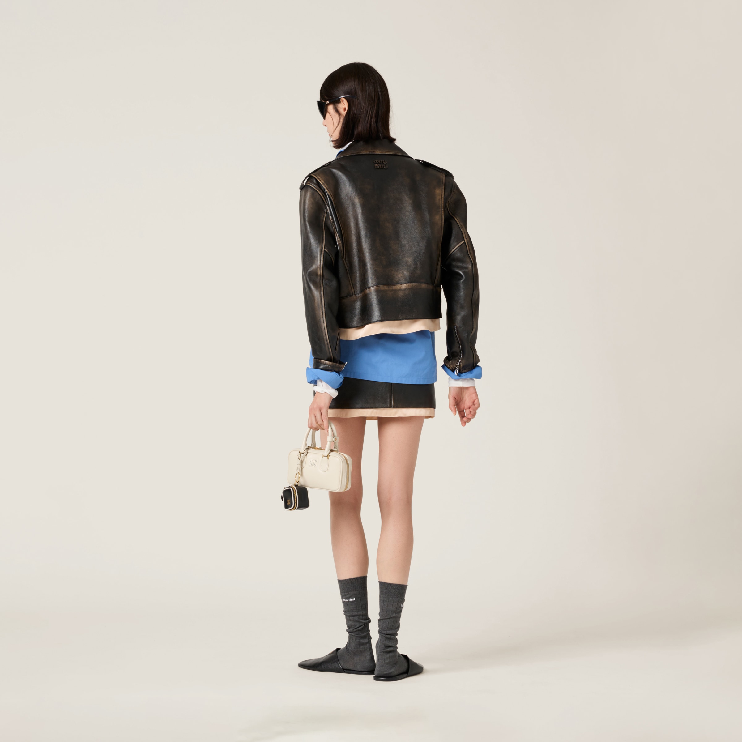 Miu Miu Nappa Leather Biker Jacket In Mustard/black