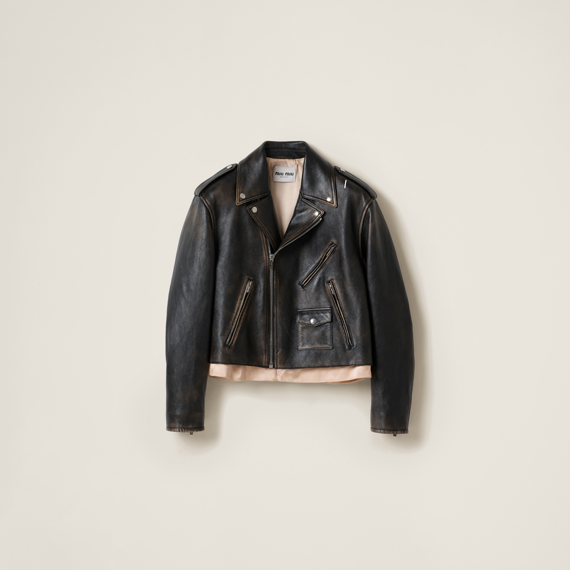 Miu Miu Nappa Leather Biker Jacket In Mustard/black
