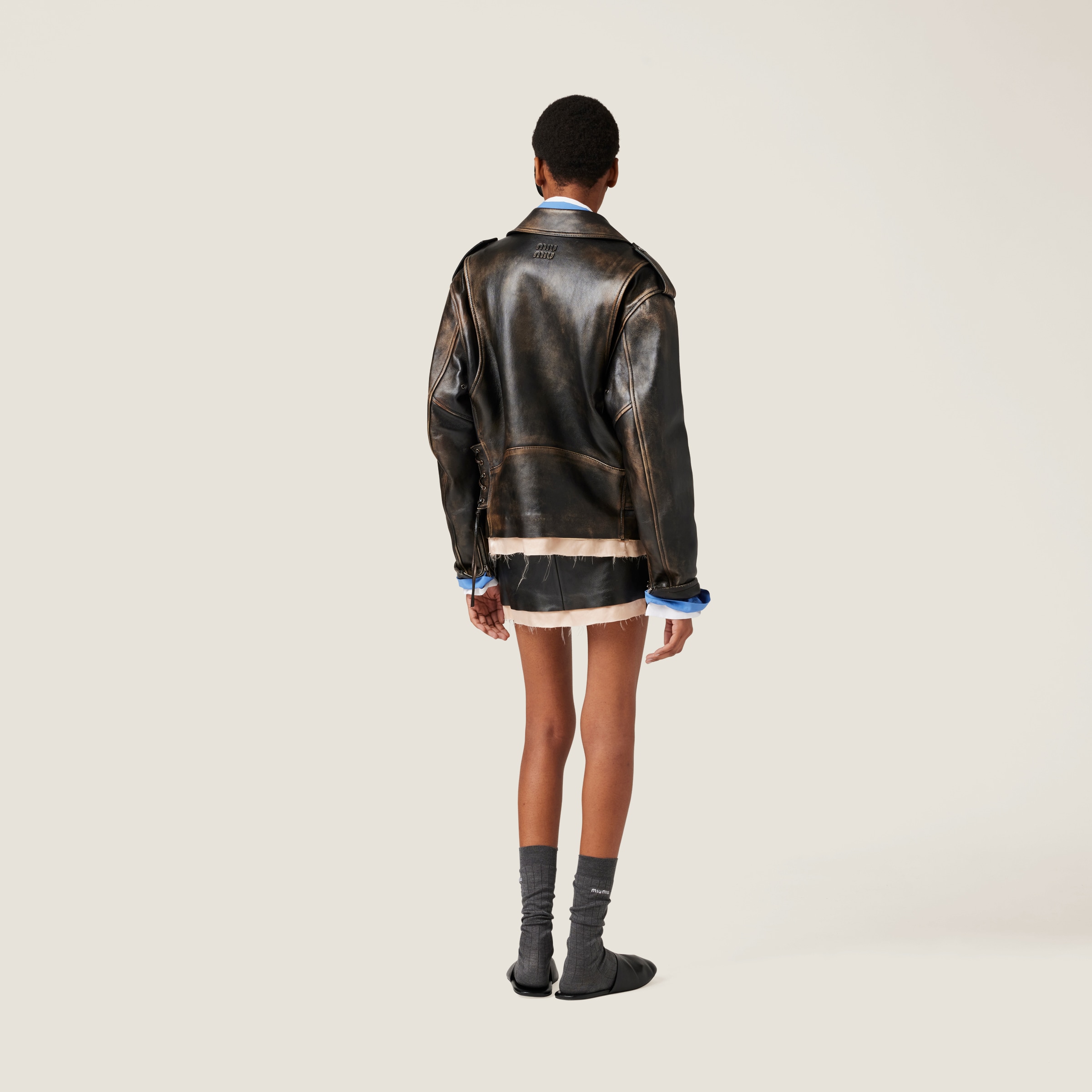 Mustard/black Nappa Leather Biker Jacket | Miu Miu