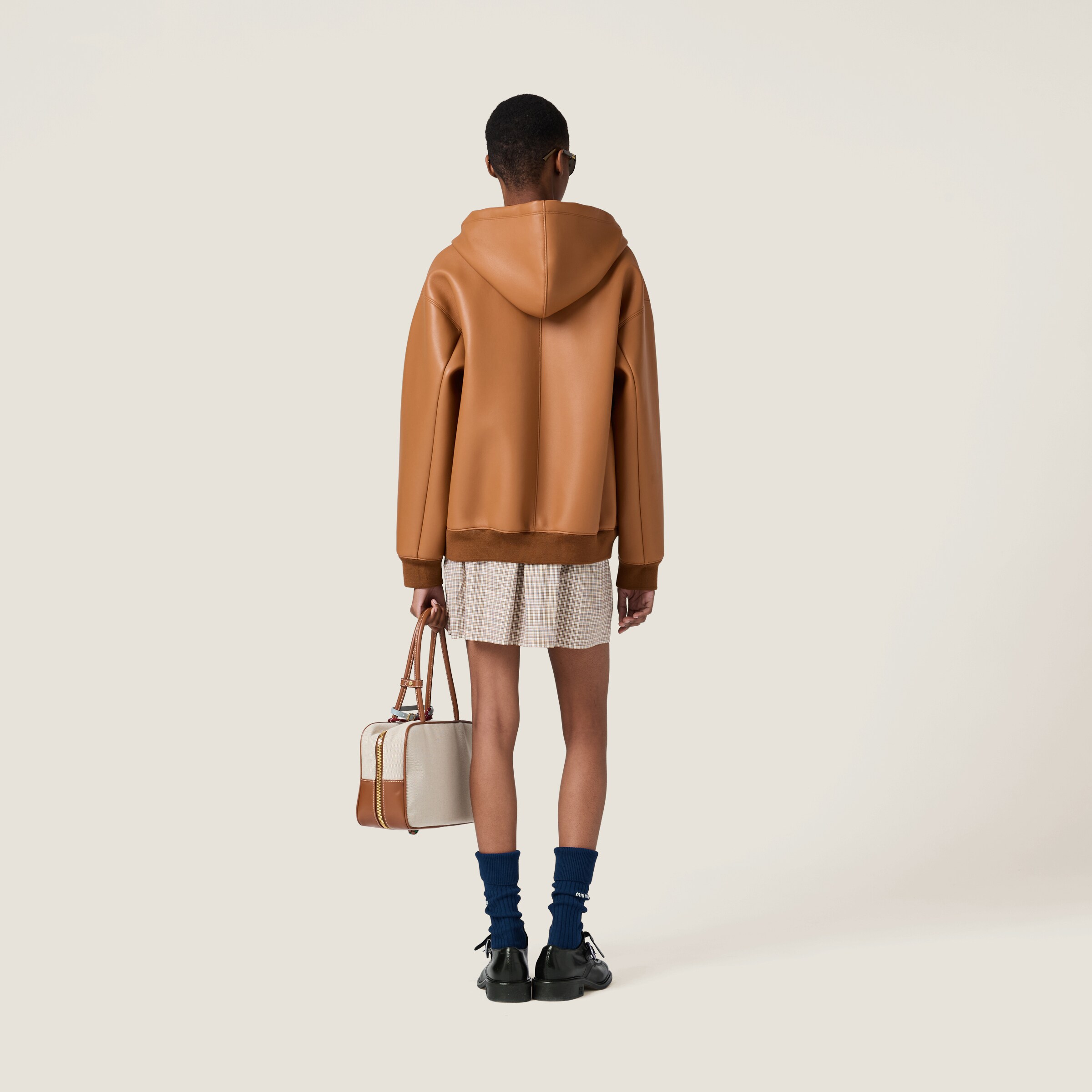 Miu Miu Nappa Leather And Bonded Jersey Hoodie Jacket In Brandy