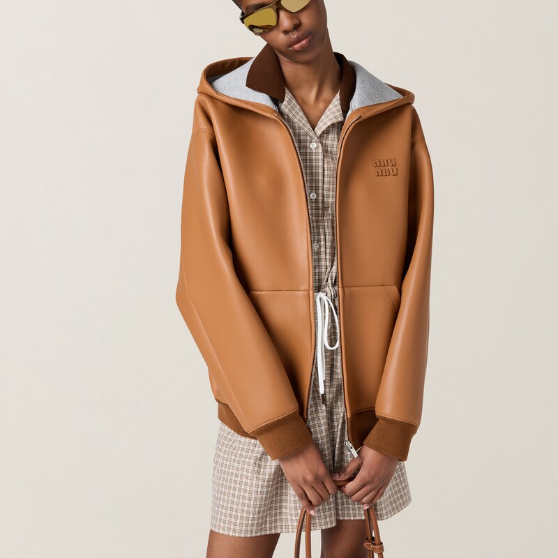 Nappa leather and bonded jersey hoodie jacket