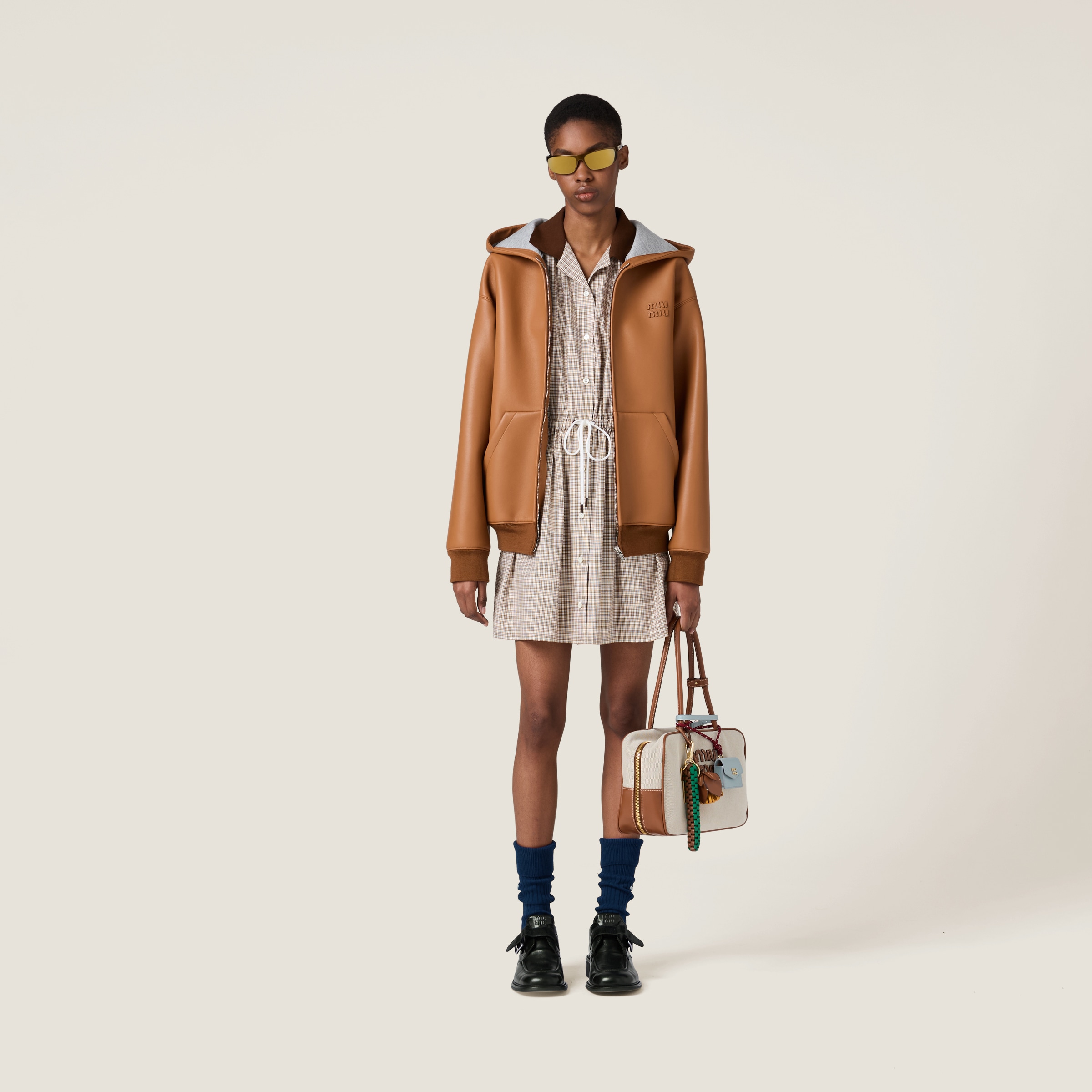 Miu Miu Nappa Leather And Bonded Jersey Hoodie Jacket In Brandy