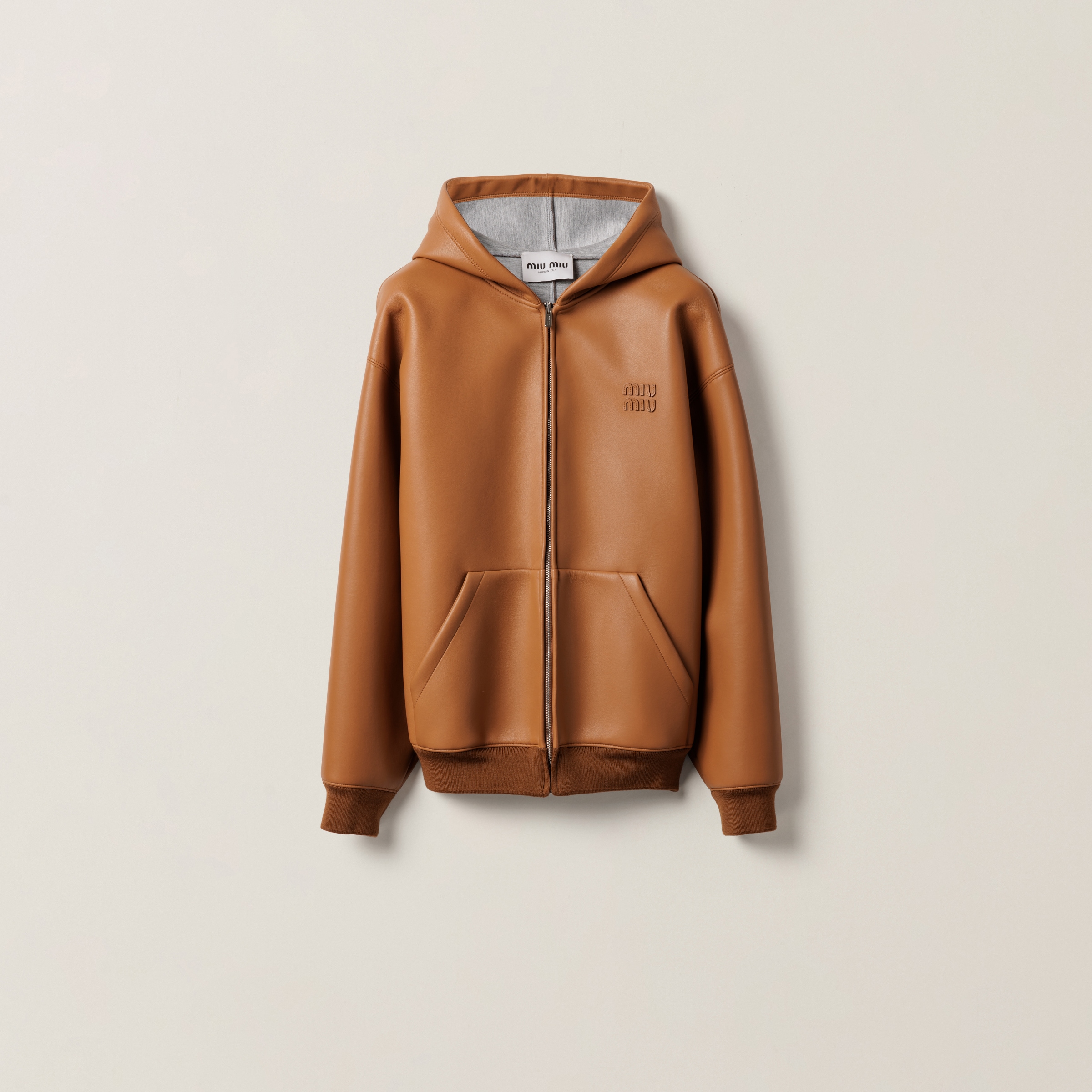 Miu Miu Nappa Leather And Bonded Jersey Hoodie Jacket In Brandy